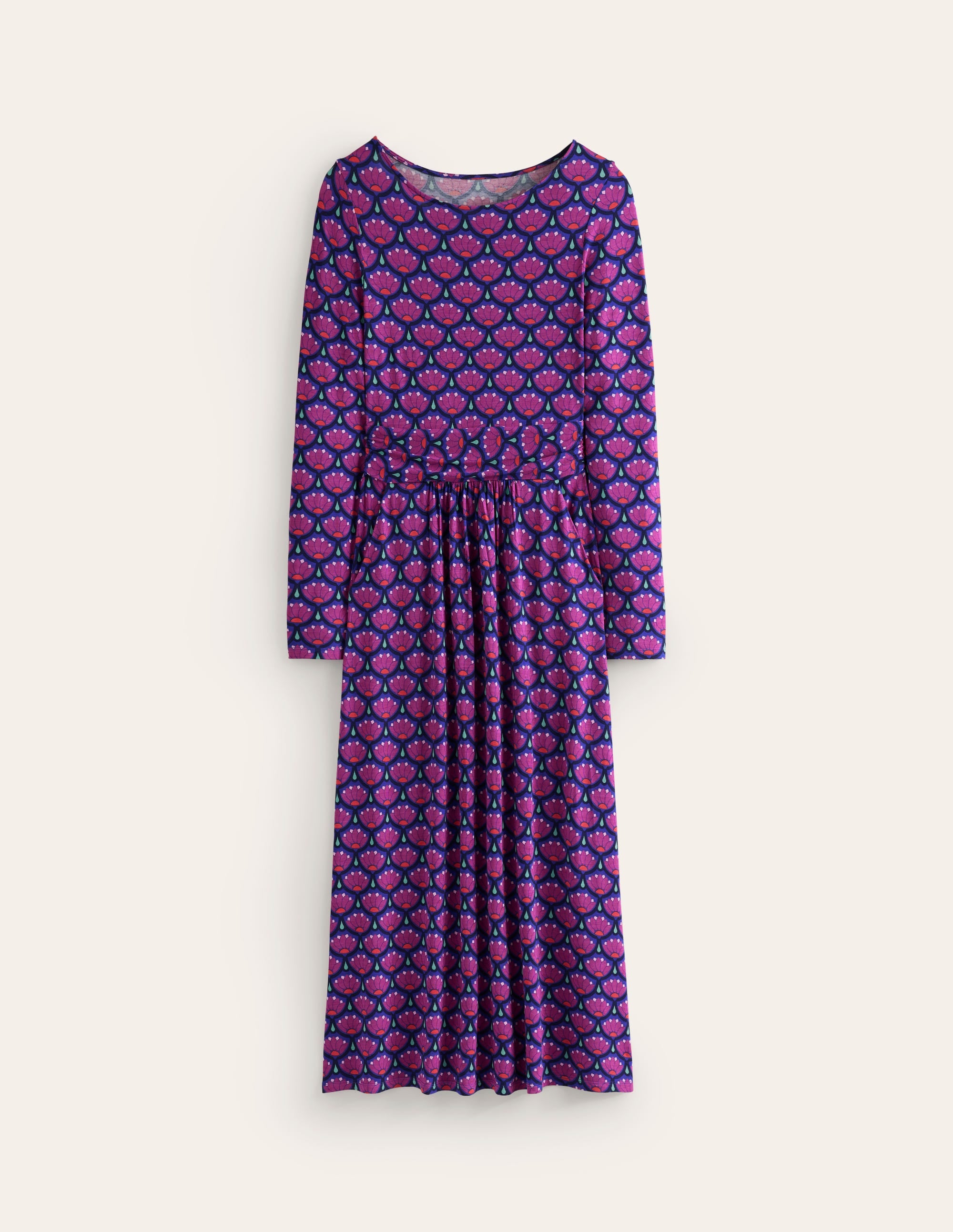 Amelie Long Sleeve Midi Dress in Regal Purple with Lotus Stamp - Elegant Floral Print Women's Dress for Wedding Guest, Cocktail Party & Special Occasions
