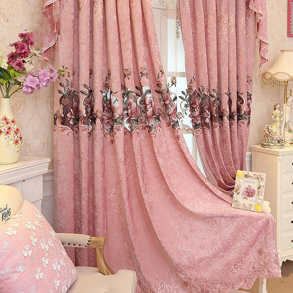 Gxi Pink Floral Embroidery Blackout Curtains - Thermal Insulated Chenille Drapes for Living Room (2 Panels, 73x84 Inches Each) - Luxury European Style Room Darkening Curtains for Bedroom, Nursery & Home Decor