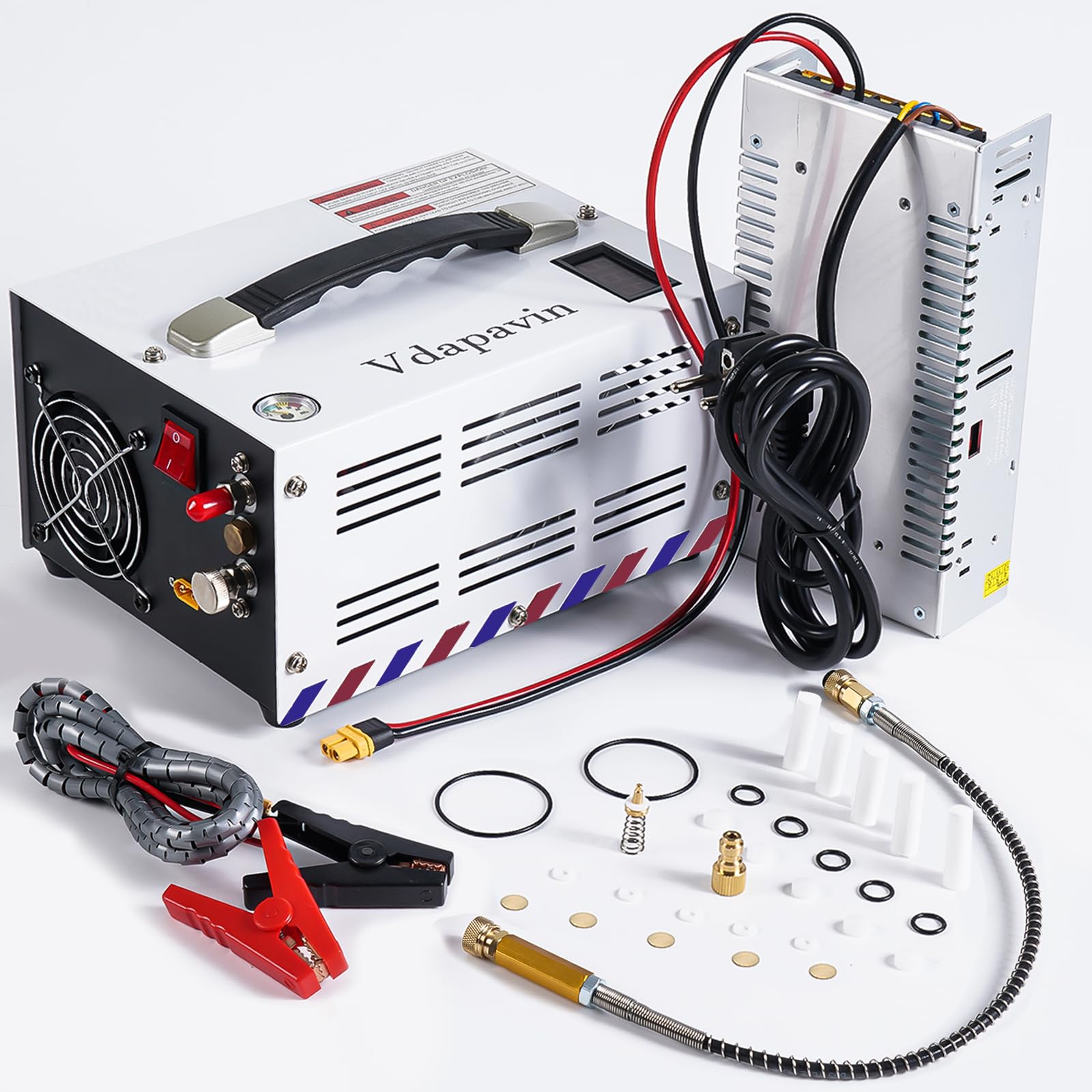 4500Psi 30Mpa Portable PCP Air Compressor - Oil-Free 12V DC/110V AC Airgun Pump for Paintball, Scuba Tanks & Air Rifles | Manual-Stop Design with External Converter | Perfect for Outdoor Shooting, Diving & Hunting
