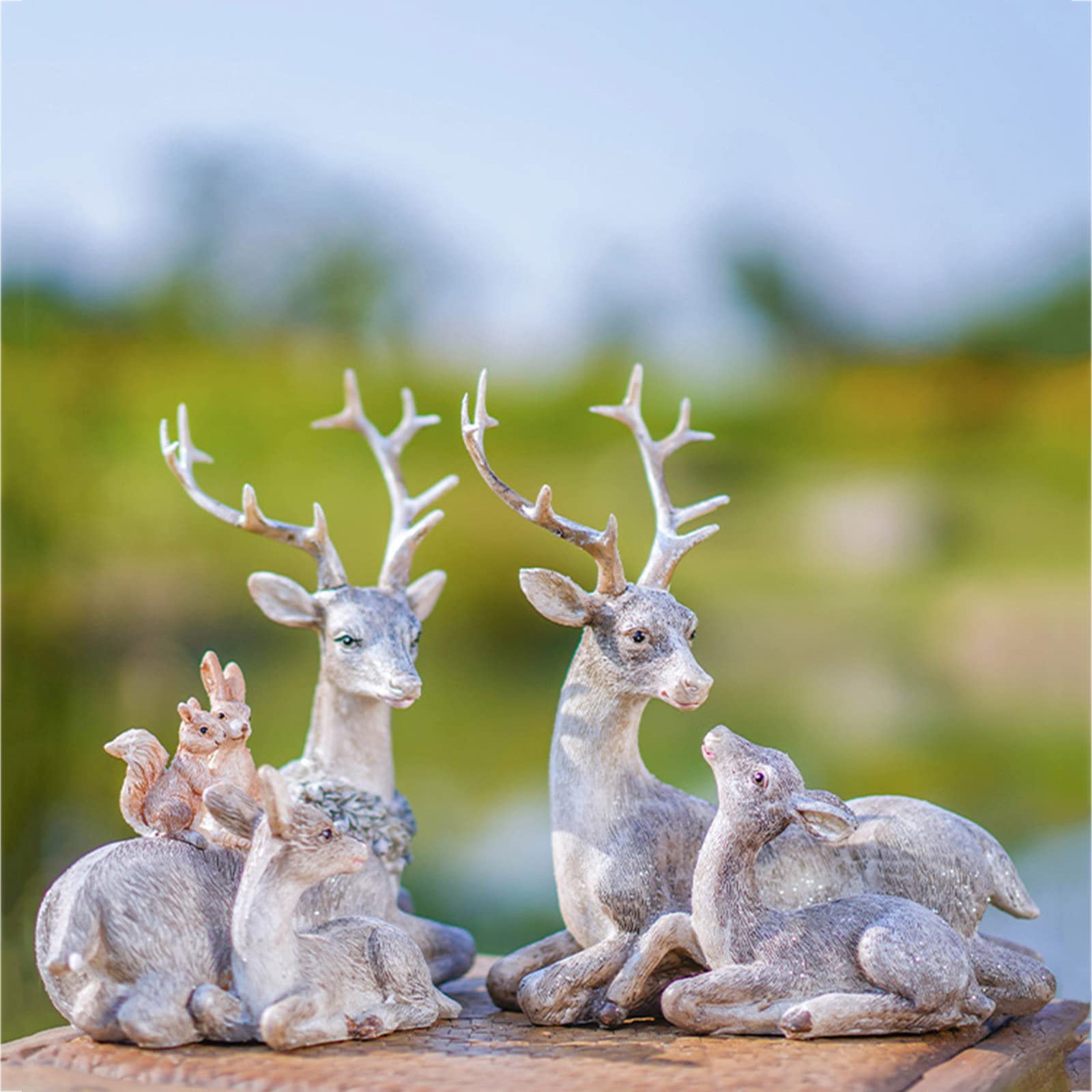 Christmas Reindeer Figurine Decorations - Glitter Sika Deer Statue for Garden, Lawn & Home - Resin Animal Art Sculpture - White Sitting Deer Pair (1 Set) - Perfect for Holiday Decor, Outdoor Display & Gift Giving
