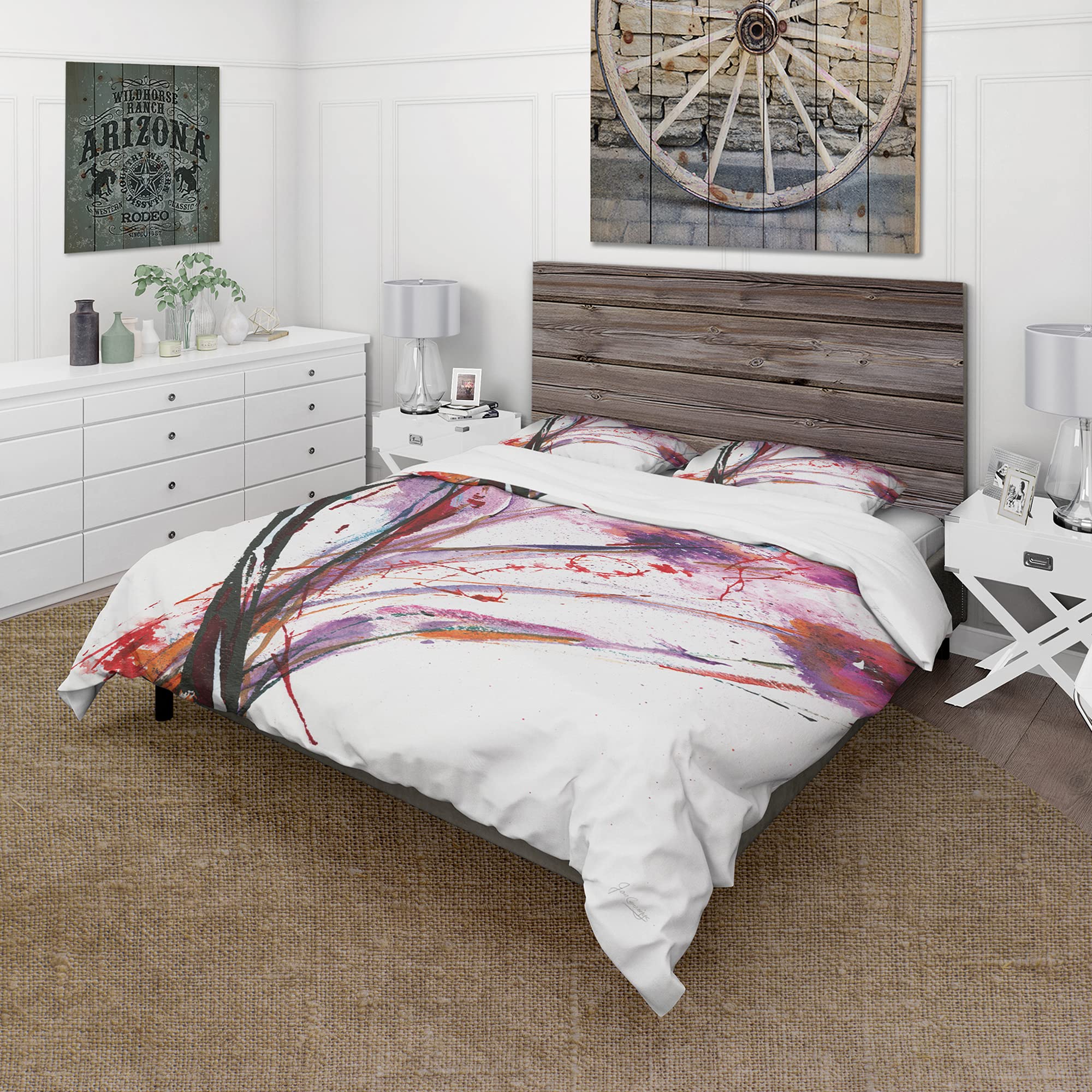 DesignQ Abstract Purple Flowers Traditional Duvet Cover Set King Size - 3 Piece Multi-Color Floral Bedding for All Seasons | Perfect for Master Bedroom, Guest Room & Cozy Home Decor