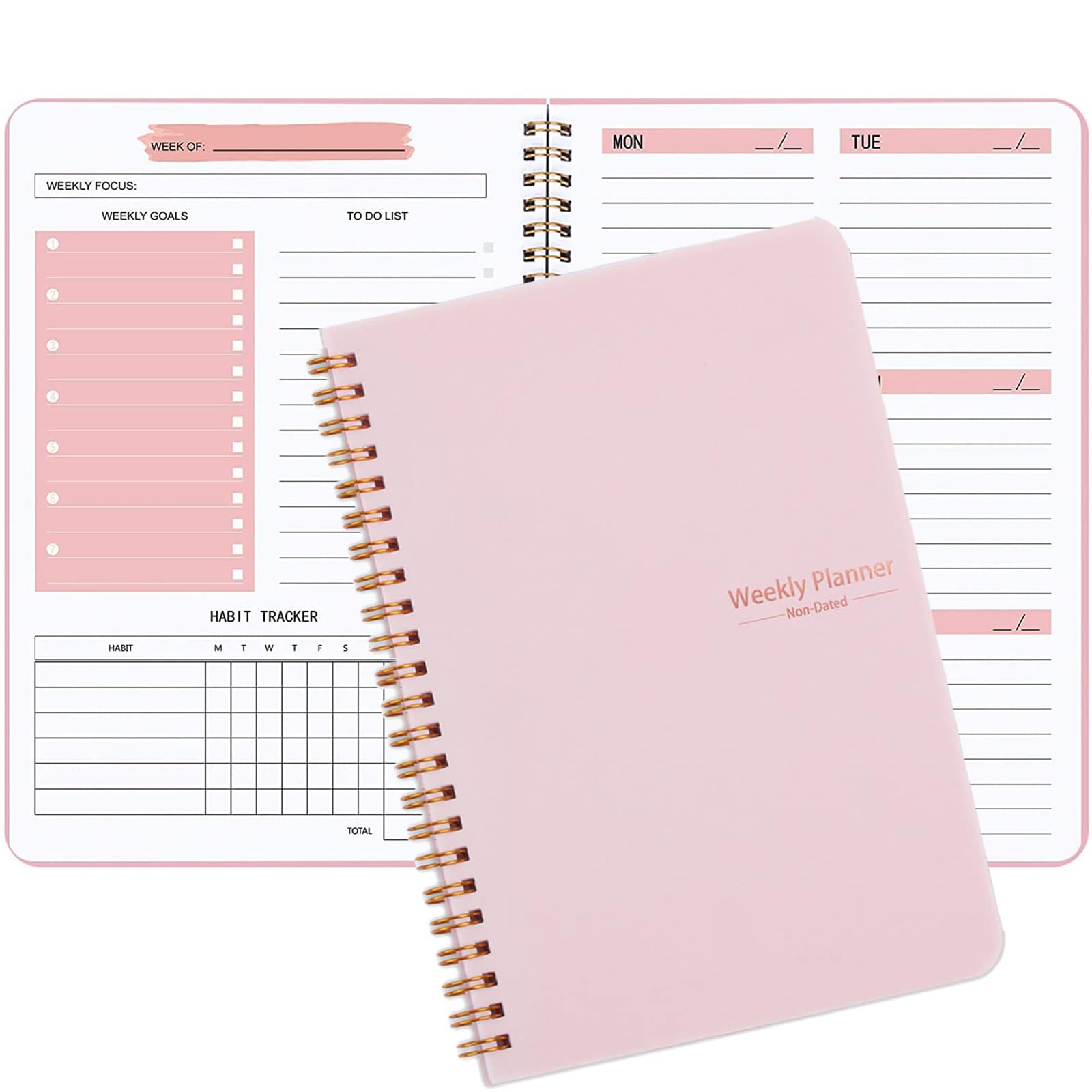Moseem Weekly Planner Notebook - Undated A5 Daily Planner with Habit Tracker & To-Do List, 52 Weeks Goal Planner for College Students, Work & ADHD Organization (Pink) | Perfect for Productivity, Time Management & Stress Relief