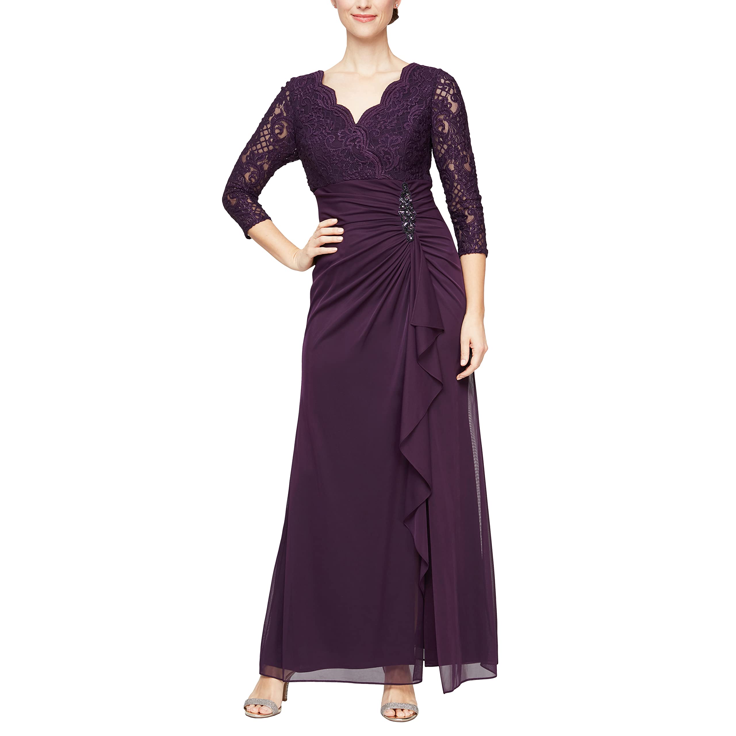 Alex Evenings Women's Long Lace Top Empire Waist Dress - Elegant Formal Gown for Evening Parties, Weddings & Special Occasions