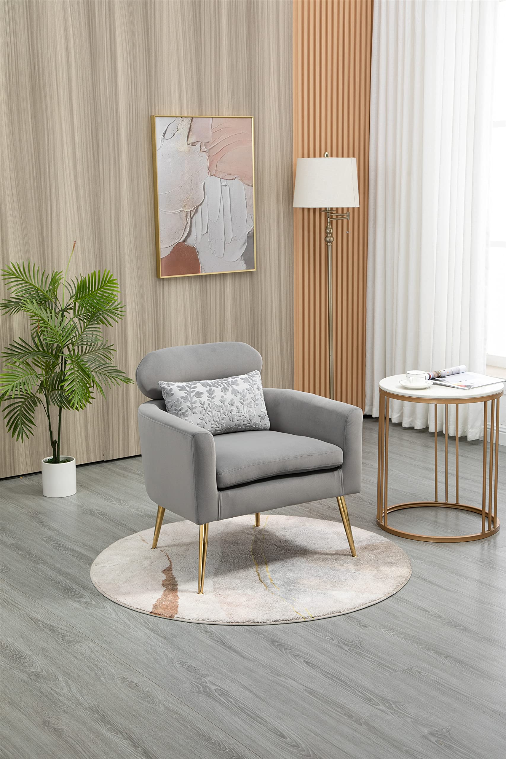 Goujxcy Modern Accent Armchair with Thick Cushion & Golden Legs - Upholstered Living Room Chair, Reading Sofa for Bedroom (Grey) - Perfect for Home Office, Lounge & Small Spaces