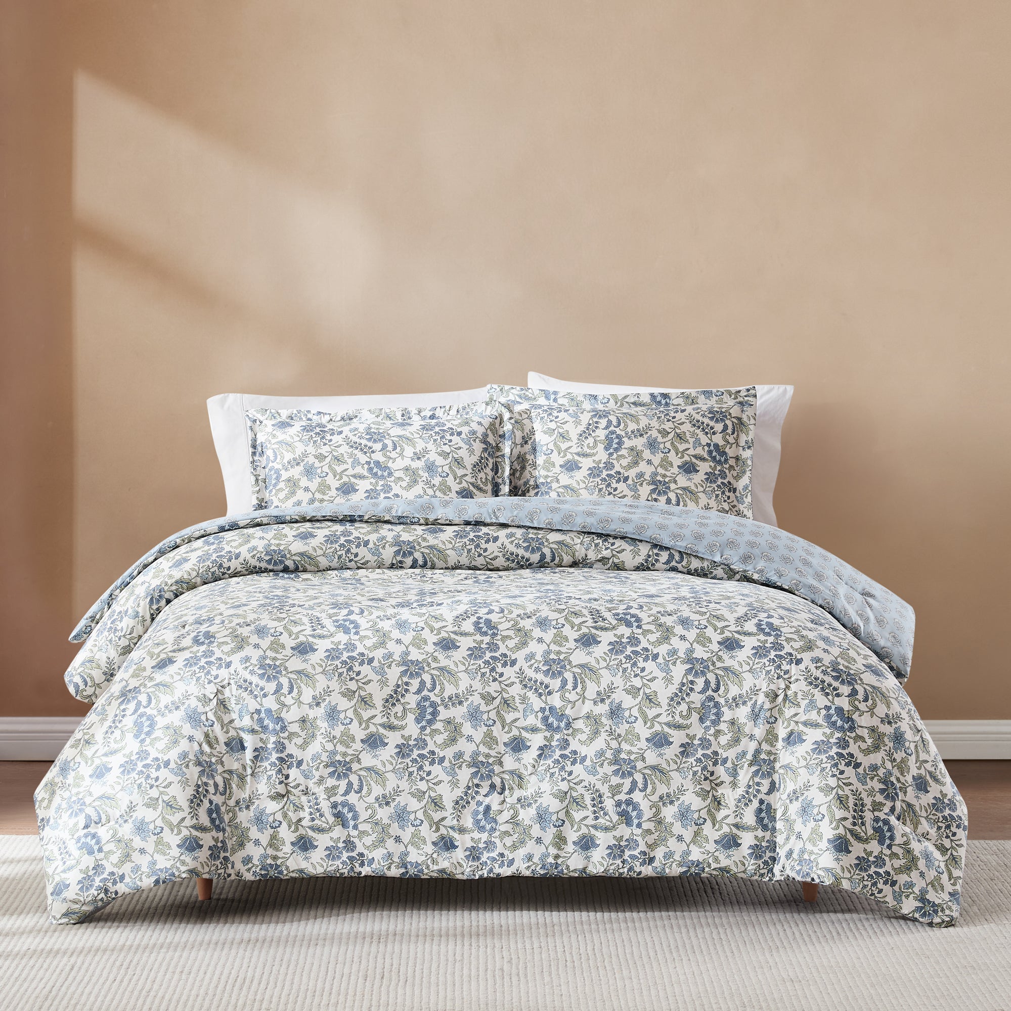 Lillian Block Print Reversible Comforter Set 3 Piece - King Size Bedding with Matching Pillow Shams, Bohemian Style for Master Bedroom & Guest Room Decor