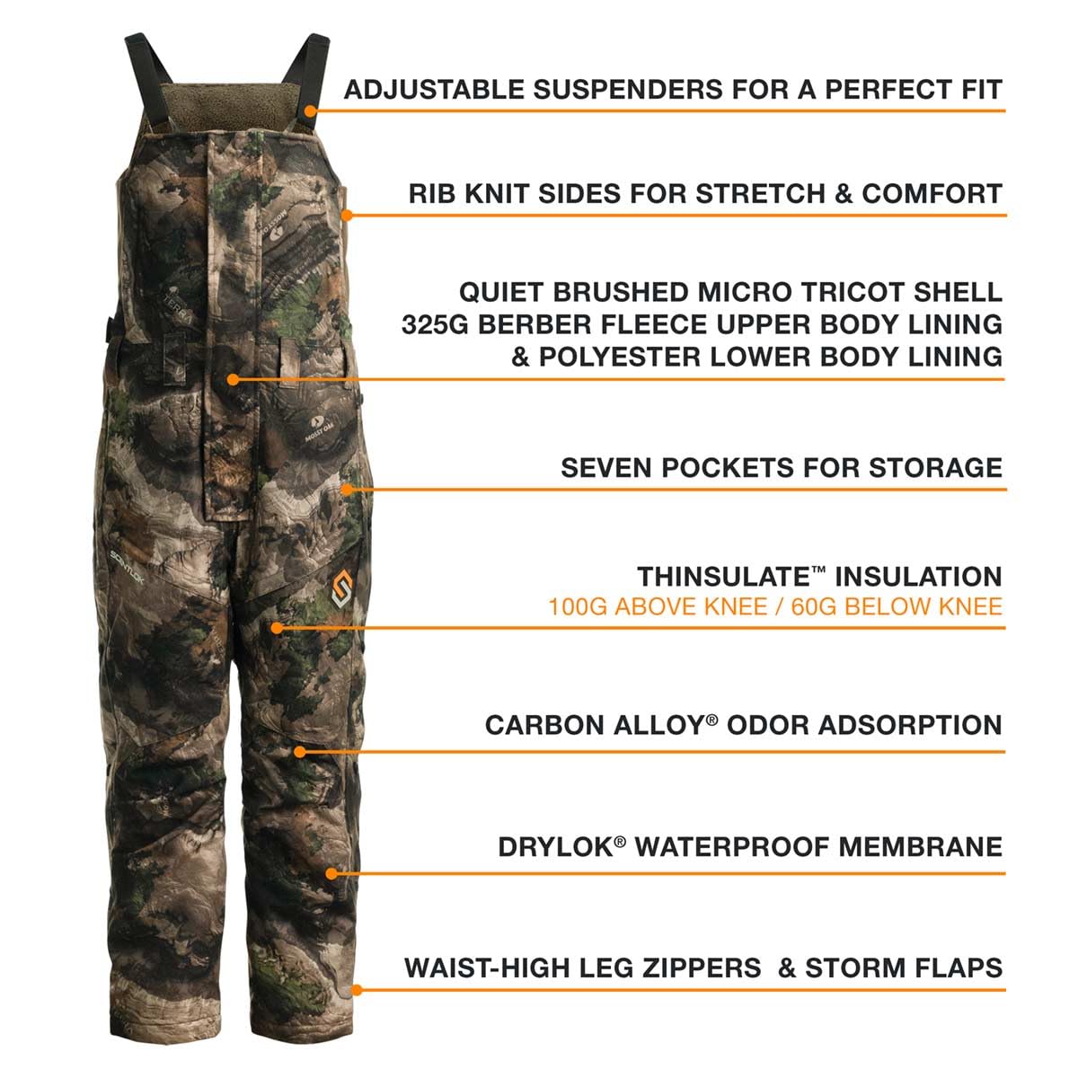 ScentLok Youth Hundo Hydrotherm Waterproof Insulated Bibs - Kids' Waterproof Hunting Overalls for Cold Weather & Outdoor Adventures
