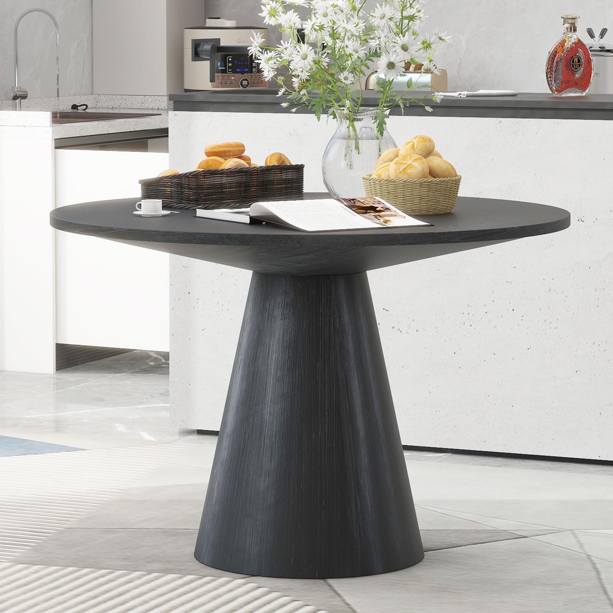 Vintage Round Wooden Dining Table - 42 Inch Retro Kitchen & Living Room Table, Solid Wood Top with Black Finish - Perfect for Small Spaces, Breakfast Nooks & Cozy Family Gatherings