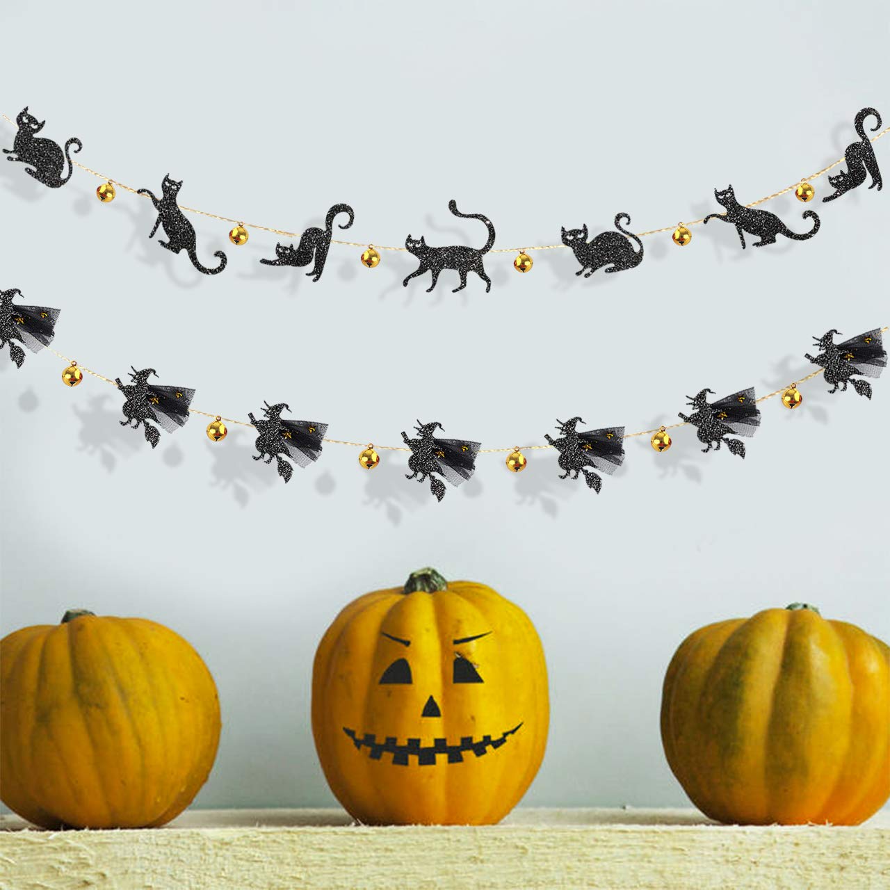 Pinkblume Halloween Party Decorations Kit - Black Cat Banner with Jingle Bells & 3D Flying Witches Garland - Perfect for Halloween, Cat-Themed Parties, Birthdays, Bachelorette & All Hallows Eve Celebrations - Spooky Home & Office Decor