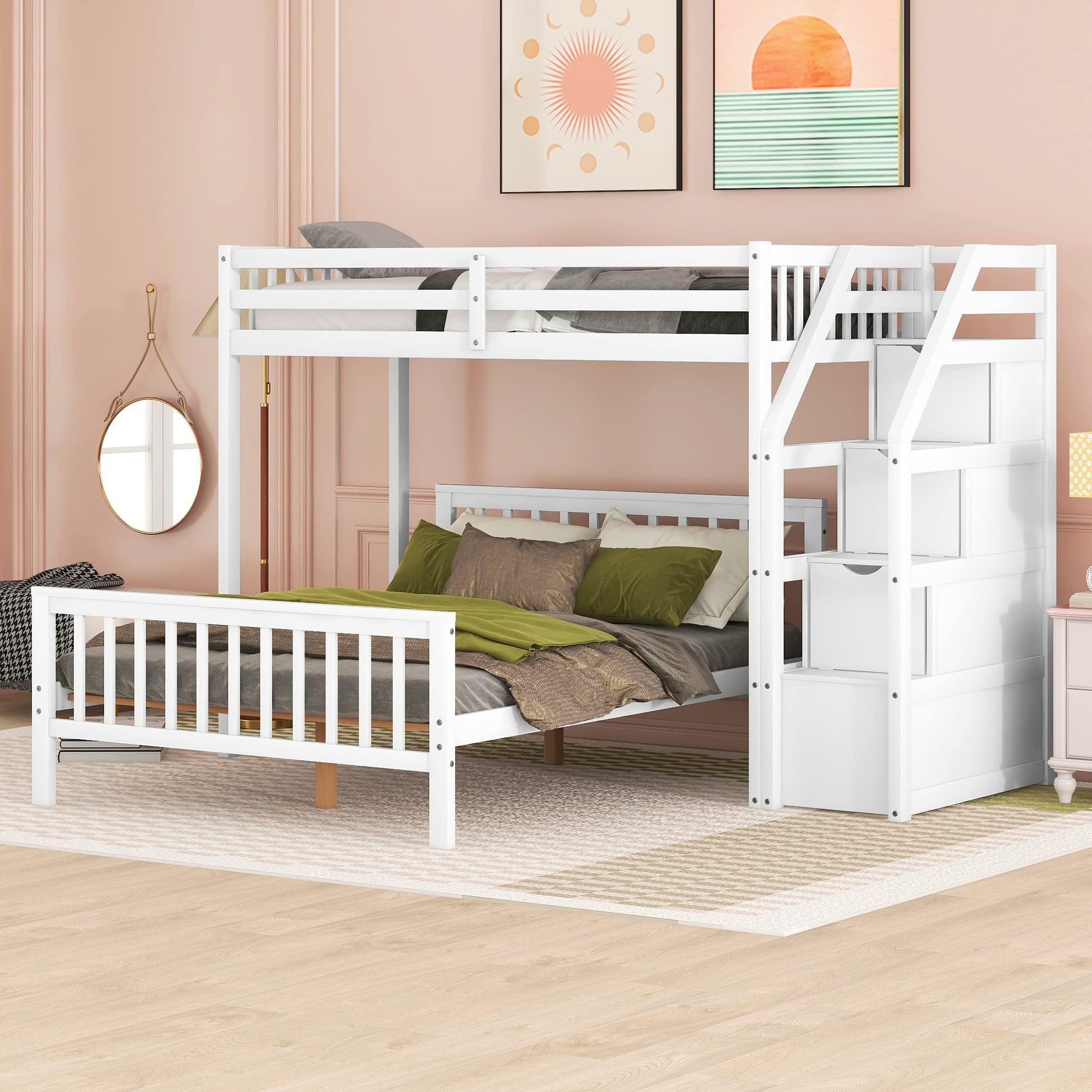 Harper & Bright Designs Twin Over Full Bunk Bed with Staircase - Wooden L-Shaped Kids Bunk Beds with Storage Drawers, Twin Loft Bed & Full Platform Bed (No Box Spring Needed) - Perfect for Small Bedrooms, Kids' Rooms & Space-Saving Solutions (White)