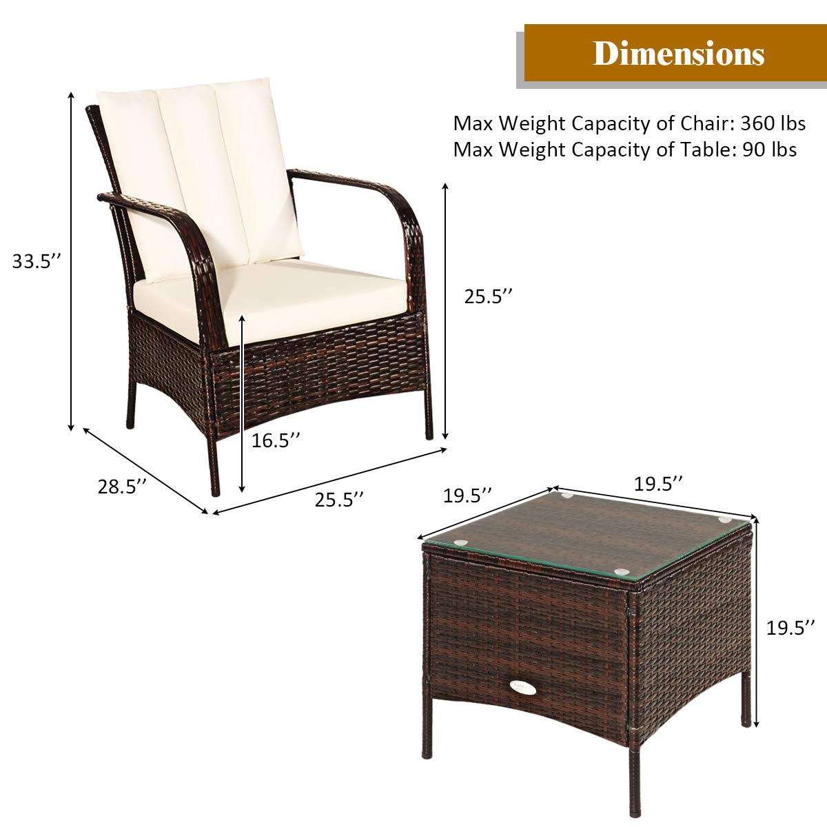 Tangkula 3-Piece Patio Furniture Set - 2 Wicker Chairs with Glass Top Coffee Table, Outdoor Rattan Conversation Set for Garden, Porch or Poolside (Cream) | Perfect for Relaxing, Entertaining & Outdoor Dining
