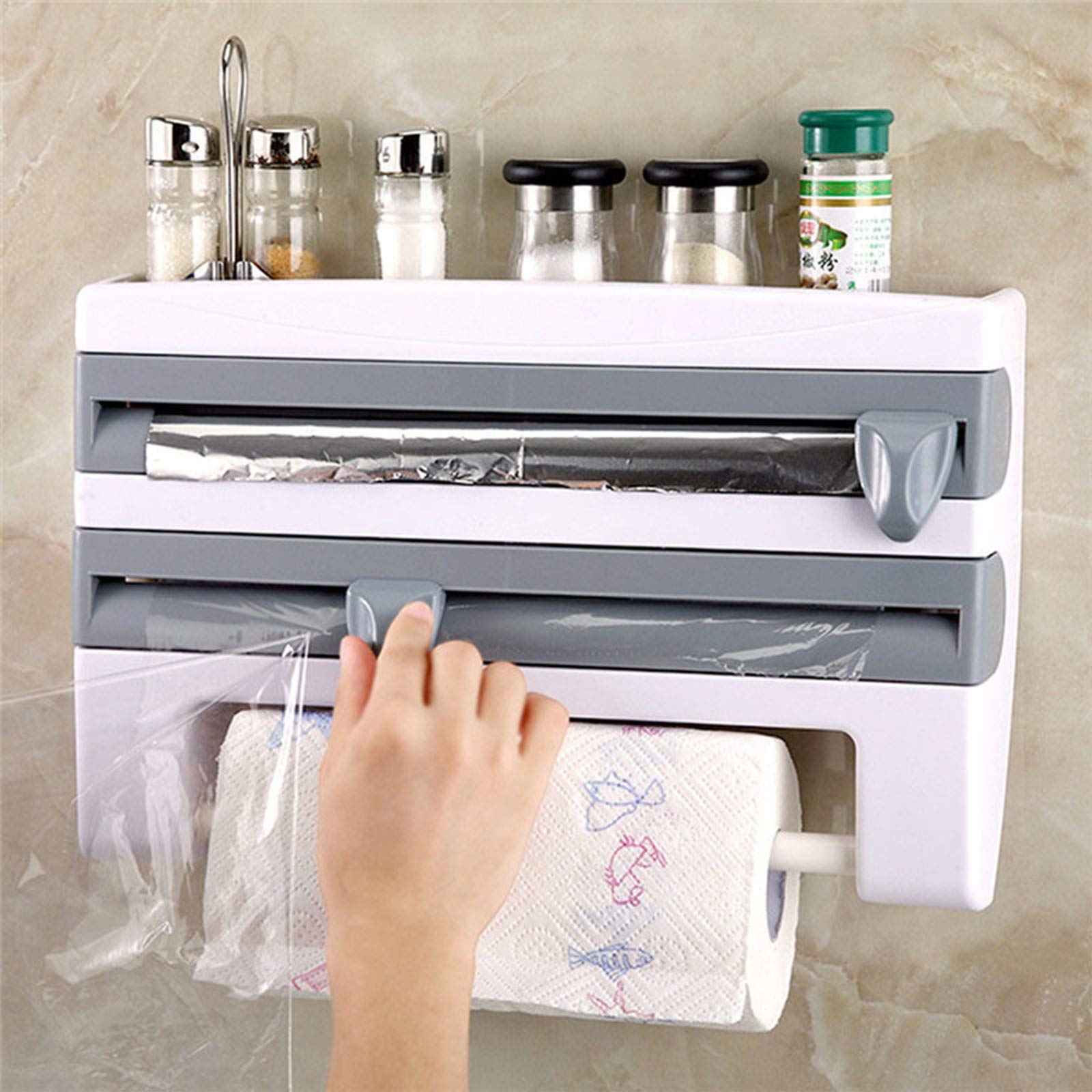 4-in-1 Wall Mounted Kitchen Roll Holder Dispenser - Space Saving Shelf for Cling Film, Tin Foil & Paper Towel Storage with Built-in Cutting Tool | Perfect for Small Kitchens, RVs & Apartments
