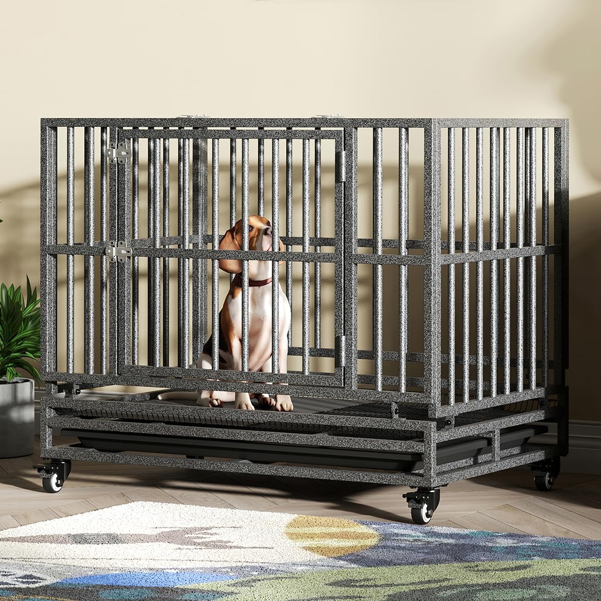 Luckyberry 38/42/46 Inch Heavy Duty Dog Crate - Indestructible Large Kennel for Indoor Use with Lockable Wheels, Removable Tray & Anxiety Relief Features - Perfect for Home, Travel & Training
