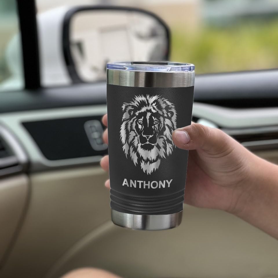 LaserGram 16oz Vacuum Insulated Stainless Steel Tumbler with Lid - Personalized Engraved Great White Shark Design - Keeps Drinks Hot/Cold for Hours - Perfect for Coffee, Tea, Beer & Outdoor Activities (Black)