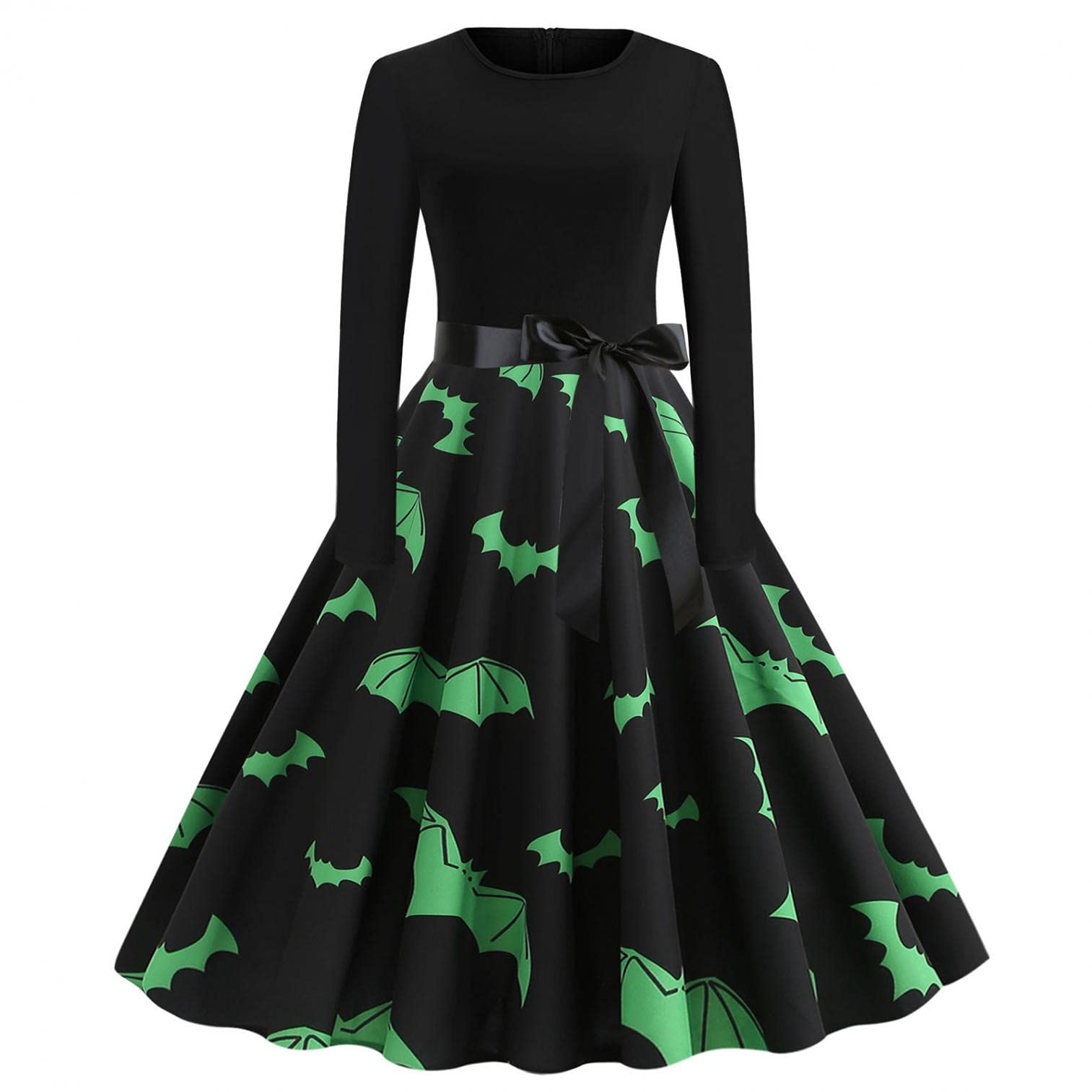 AIHOU Women's Halloween Dress - Bat Print Bowknot Crewneck Long Sleeve Vintage 1950s Style Cocktail Party Dress | Perfect for Halloween Costumes, Evening Parties, Cocktail Events & Retro Themed Occasions