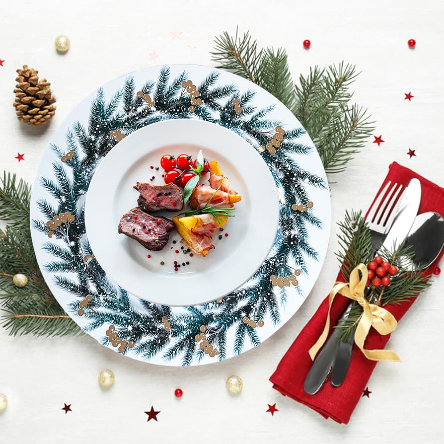 Henilosson 13-Inch Round Christmas Wreath Charger Plate - Holiday Dinnerware Set of 6 White Decorative Placemats - Perfect for Christmas Dinner, New Year's Party & Festive Table Setting