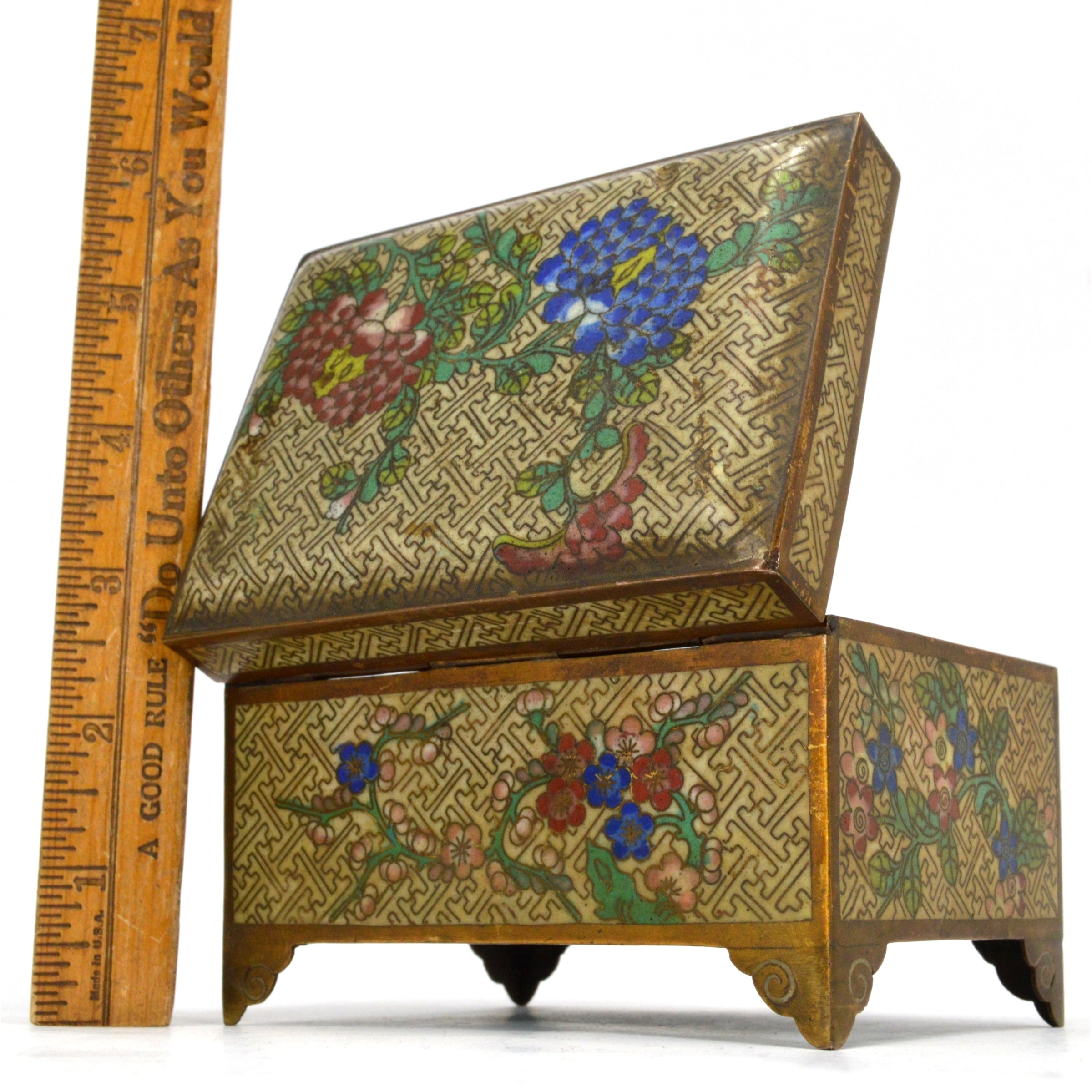 Antique Cloisonne Hinged Jewelry Box with Floral Design - 3x5x3 Inches - Brass/Bronze Footed Trinket Box for Home Decor, Gift, or Storage | Perfect for Jewelry, Keepsakes, and Collectibles
