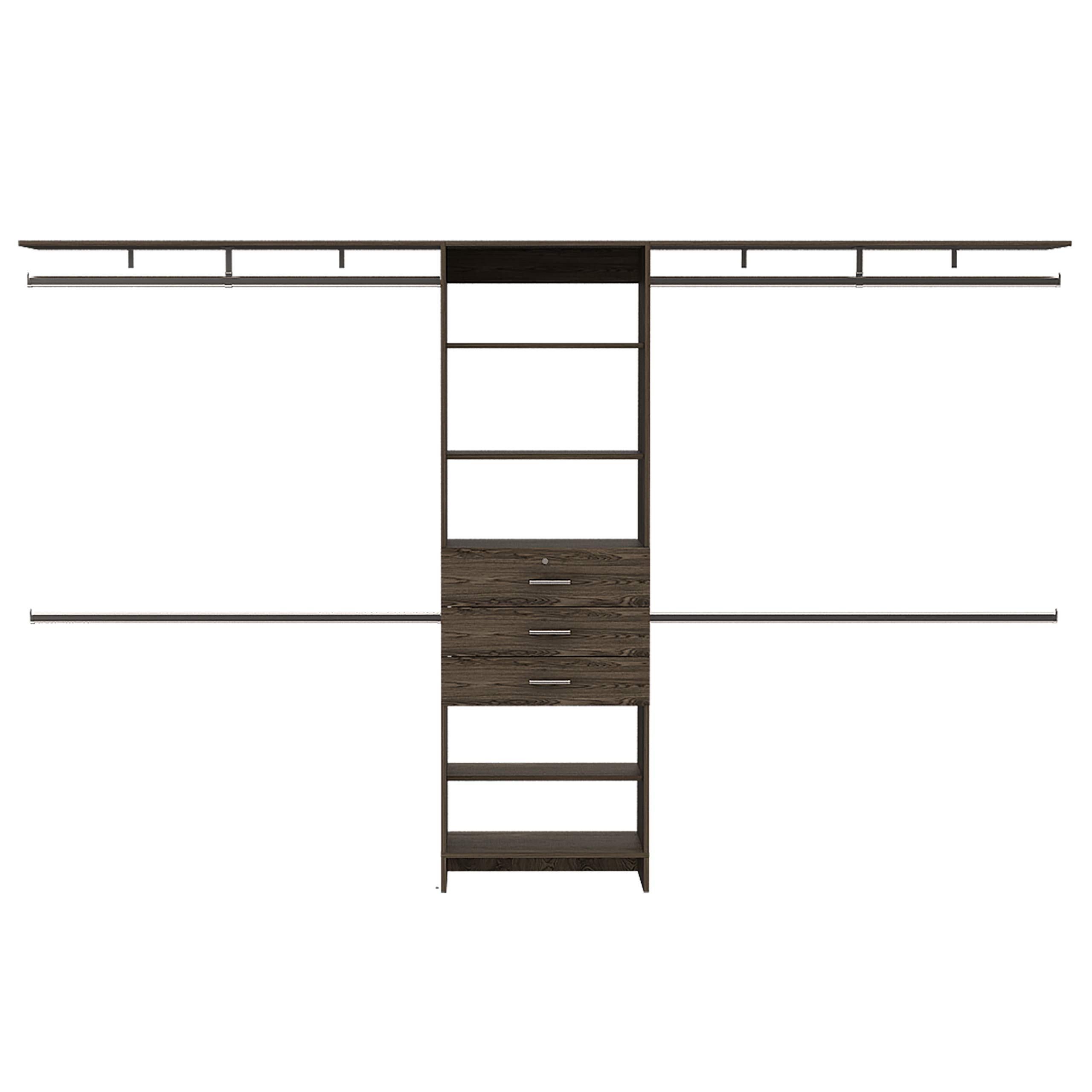 Zamora 69-118 Inch Walk-In Closet Organizer System with 4 Hanging Rods, 3 Drawers & 5 Shelves - Dark Walnut Finish for Bedroom Storage & Wardrobe Organization