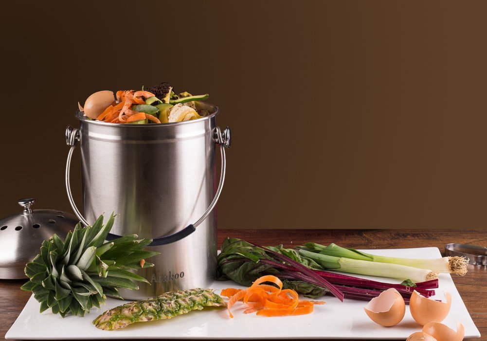 Abakoo 304 Stainless Steel Compost Bin - 1.3 Gallon Kitchen Composter with 4 Filters, Indoor Countertop Waste Pail for Eco-Friendly Food Scrap Recycling