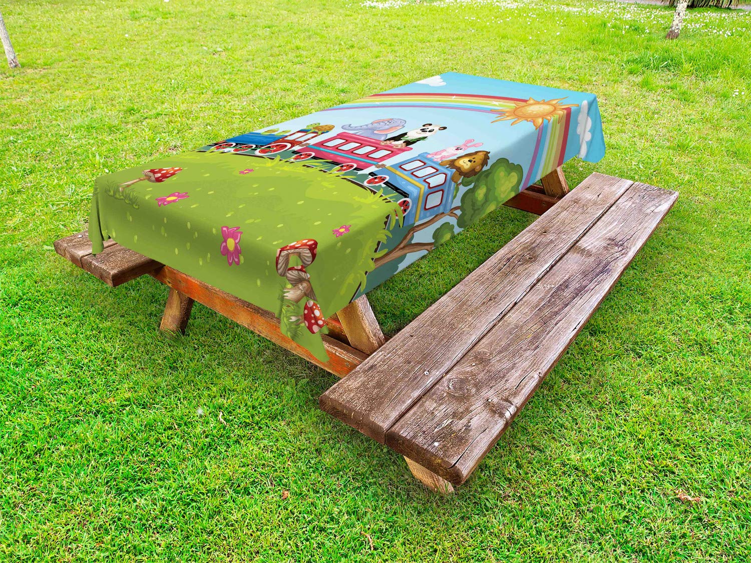Ambesonne Zoo Outdoor Tablecloth - Colorful Cartoon Animal Train, Rainbow Sun Sky, Mushrooms Flowers Tree Design - Playful Funny Washable Picnic Table Cover 58x120 Inches - Perfect for Birthday Parties, BBQs, Picnics & Outdoor Dining Decor