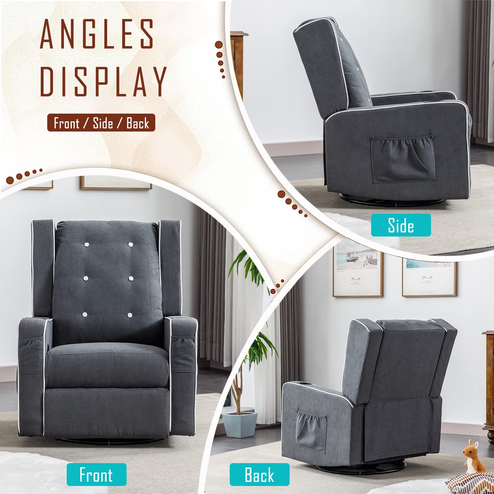 Swivel Rocker Recliner Chair - Upholstered Nursery Glider with Cup Holders | Manual Reclining Rocking Chair for Baby Room, Living Room & Bedroom | Perfect for Nursing, Relaxing & Reading