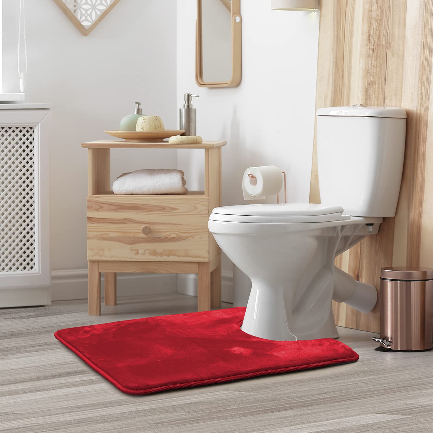Clara Clark Memory Foam Bath Mat - Ultra Soft Non-Slip Bathroom Rug, Super Absorbent & Fast Drying, Machine Washable Round Toilet Mat, 19” x 24” Red - Perfect for Bathroom Safety & Comfort