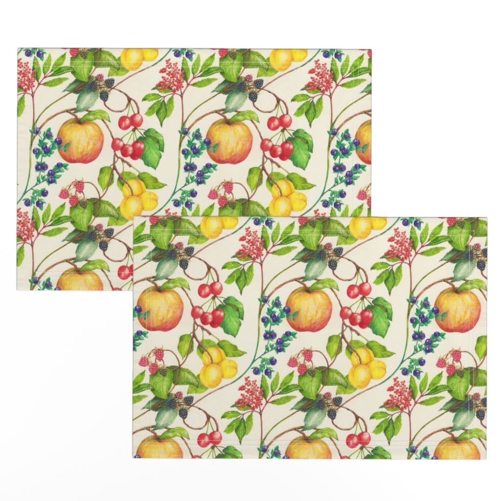 Spoonflower Linen Cotton Canvas Placemats Set of 2 - Summer Fruits Print with Raspberries & Blueberries - Washable Kitchen Table Mats for Dining, Picnics & Home Decor