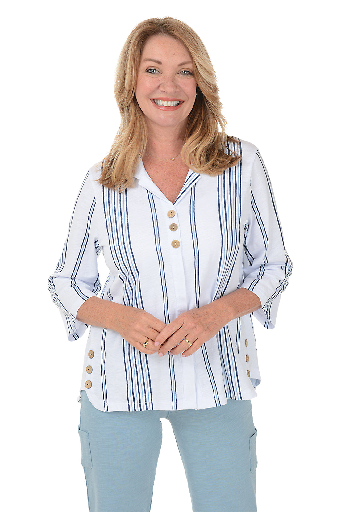 Women's Striped Button Front Slub Knit Top - Casual Short Sleeve Shirt for Summer Outfits, Beach Wear & Everyday Style