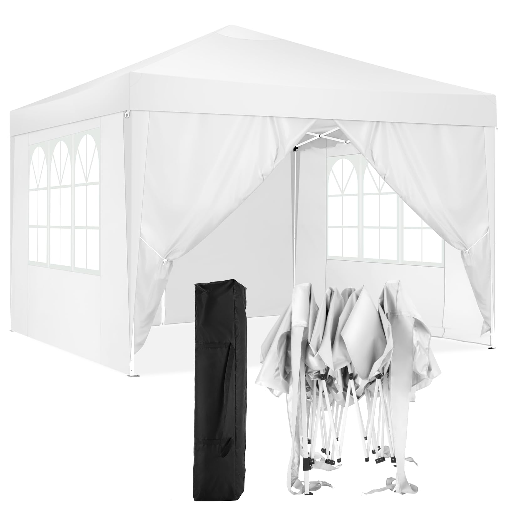 COBIZI 10x10 Pop Up Canopy Tent with 4 Sidewalls - Waterproof Instant Shelter for Outdoor Events, Camping, Parties & Backyard Gatherings - Portable White Gazebo for Commercial Use & Picnics