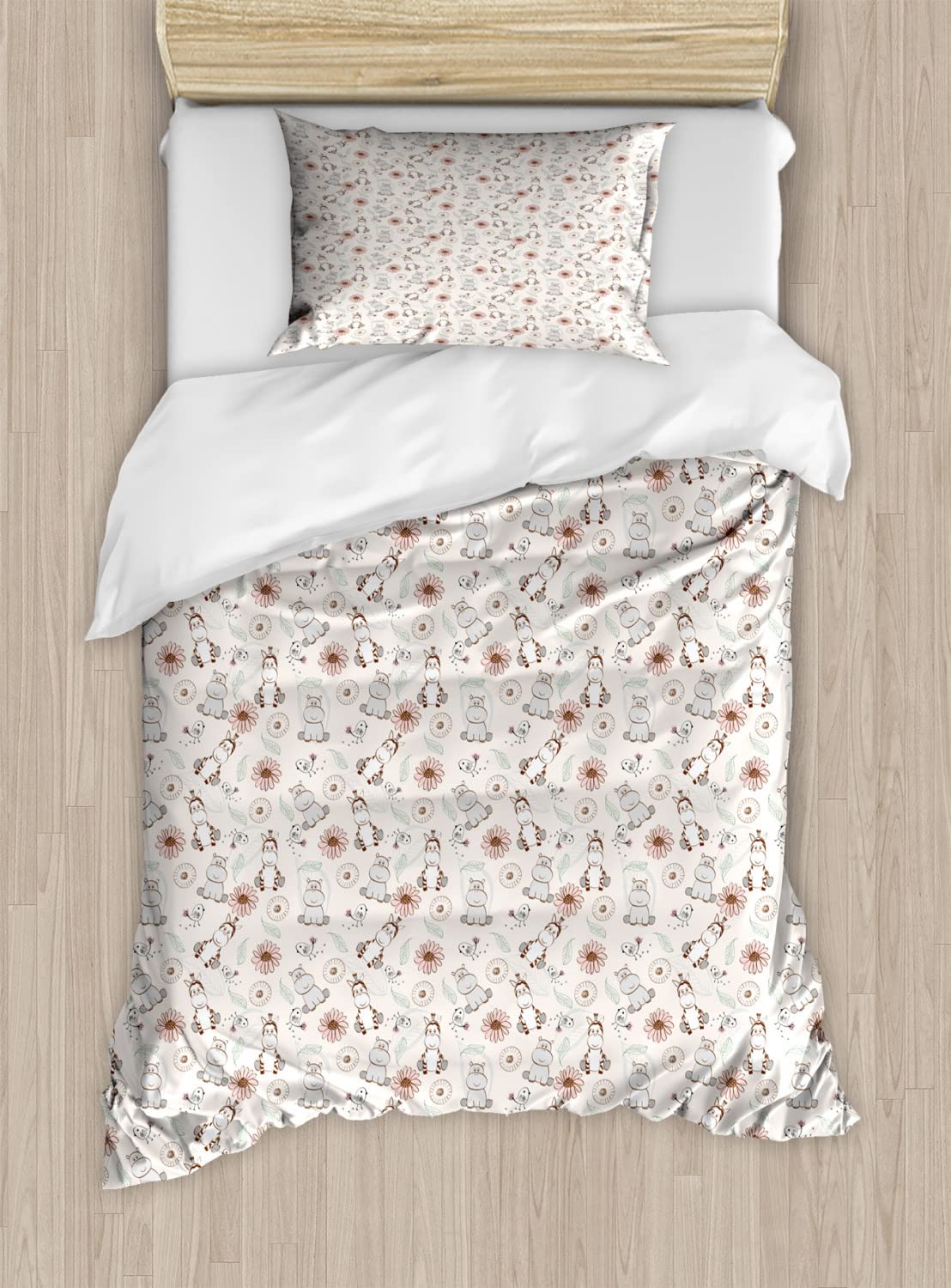 Ambesonne Hippo Duvet Cover Set - King Size 2-Pack with Wildlife Animal & Floral Print, Includes 2 Duvet Covers & 4 Pillowcases - Perfect for Jungle Themed Bedroom Decor & Wildlife Lovers