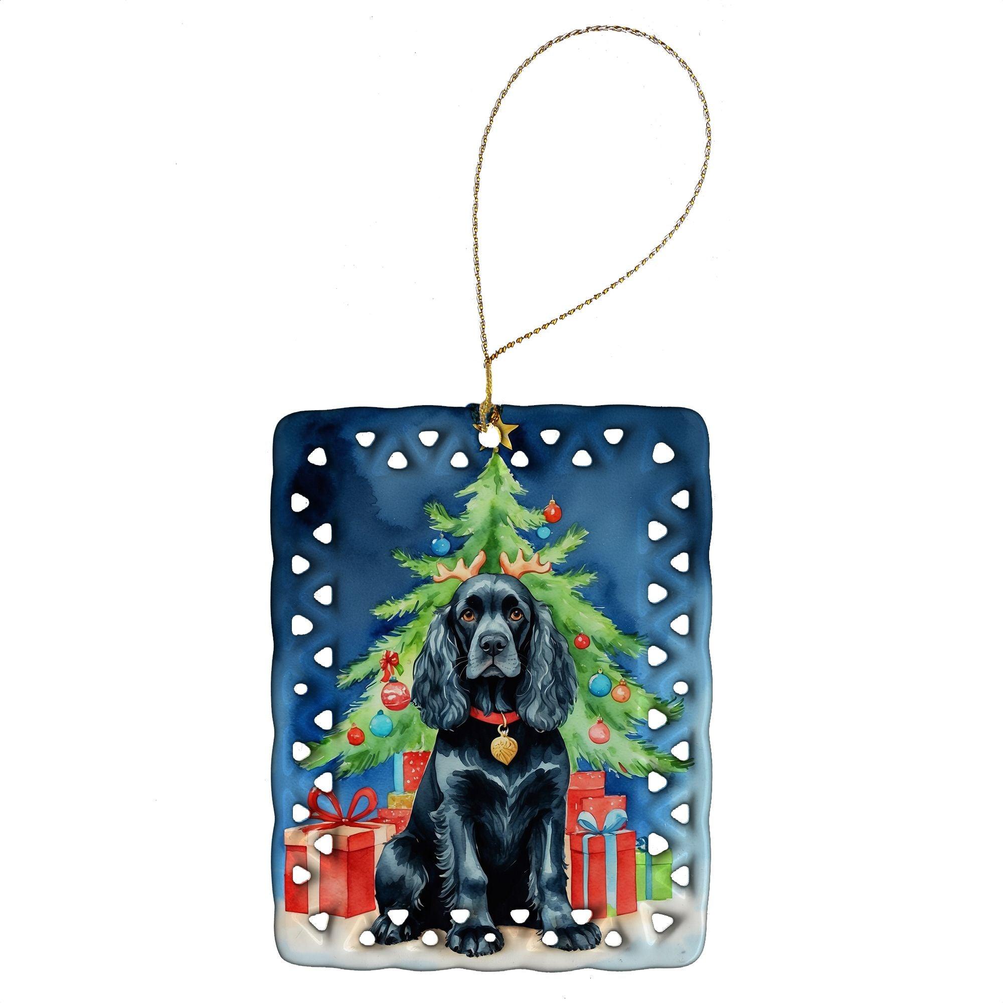 Black Cocker Spaniel Christmas Reindeer Porcelain Ornament - Handmade Holiday Tree Hanging Decor for Home, Rectangle Shape, Unique Gift Idea - Perfect for Christmas Tree Decorations, Holiday Party Favors & Festive Home Décor