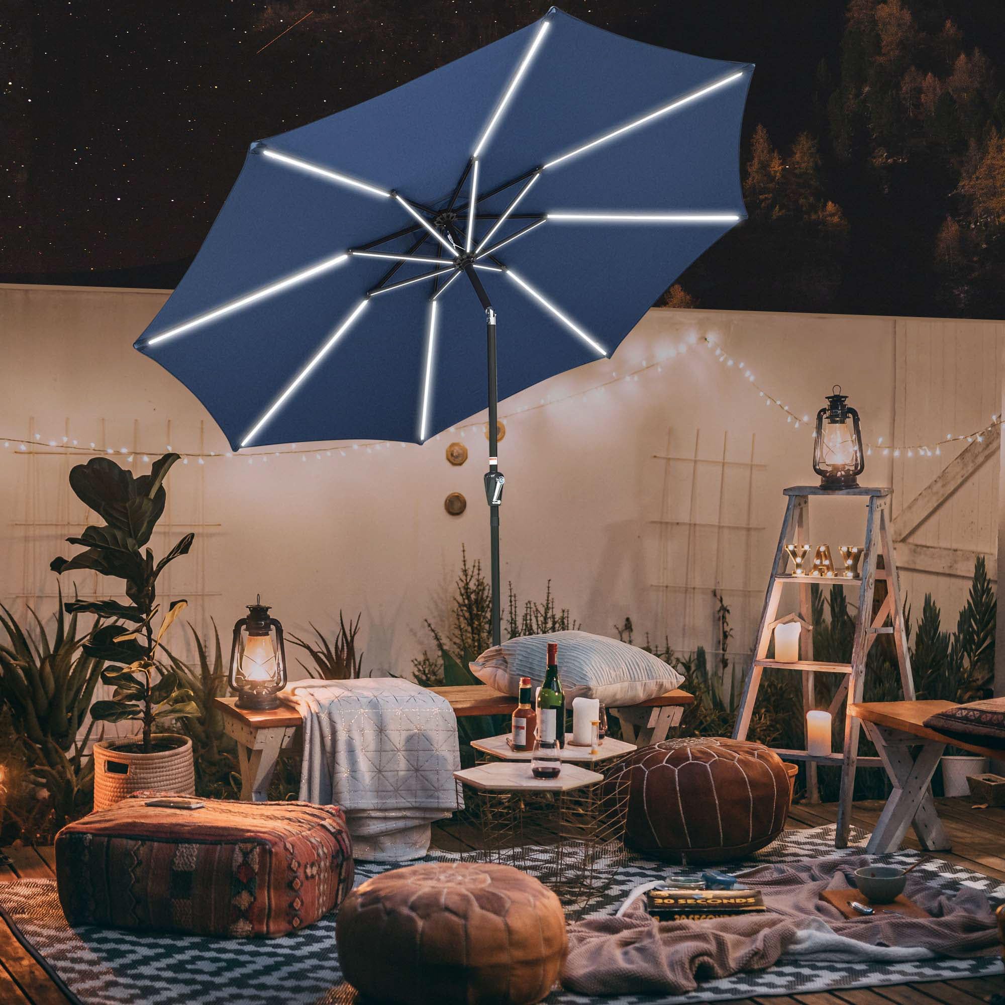 10FT Solar Powered LED Light Bar Patio Umbrella with Tilt Crank - Aluminum Market Umbrella for Backyard, Pool, Deck, Garden & Cafe - Navy Blue Outdoor Lighting for Nighttime Use
