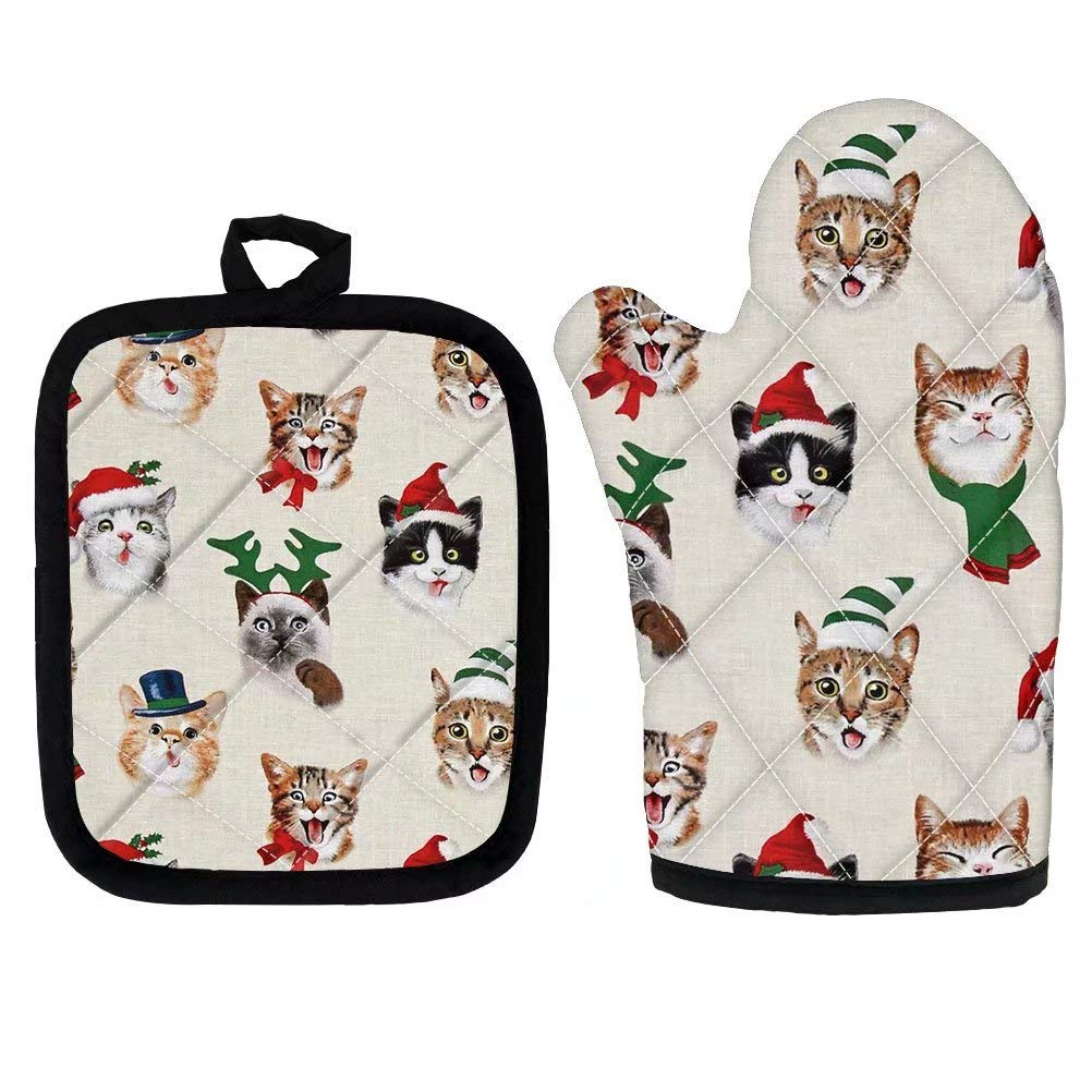 Dellukee Heat Resistant Oven Mitts and Pot Holders Set - Christmas Cat Print Kitchen Gloves for Baking, Cooking, Grilling & BBQ - Perfect for Holiday Baking, Family Gatherings and Outdoor Barbecues