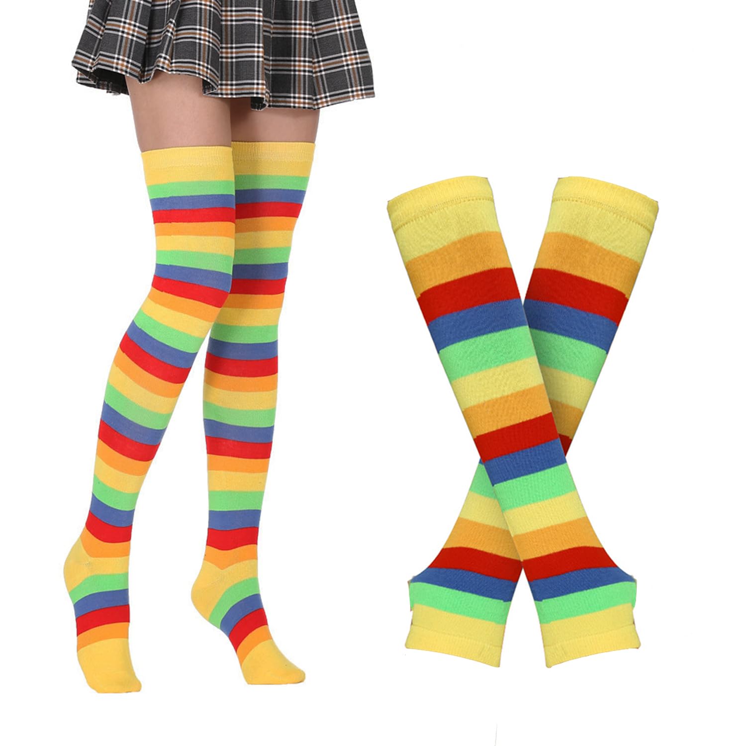 Benefeet Women's Striped Thigh High Socks & Arm Warmers Set with Fingerless Gloves - Over Knee High Stockings for Halloween Costumes, Cosplay, and Winter Fashion
