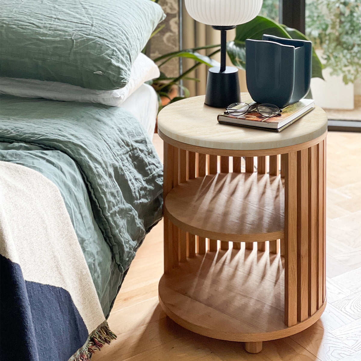 Modern Atlanta Travertine Bedside Table - Natural Stone Nightstand with Drawer for Bedroom, Living Room & Office - Stylish Home Decor Furniture
