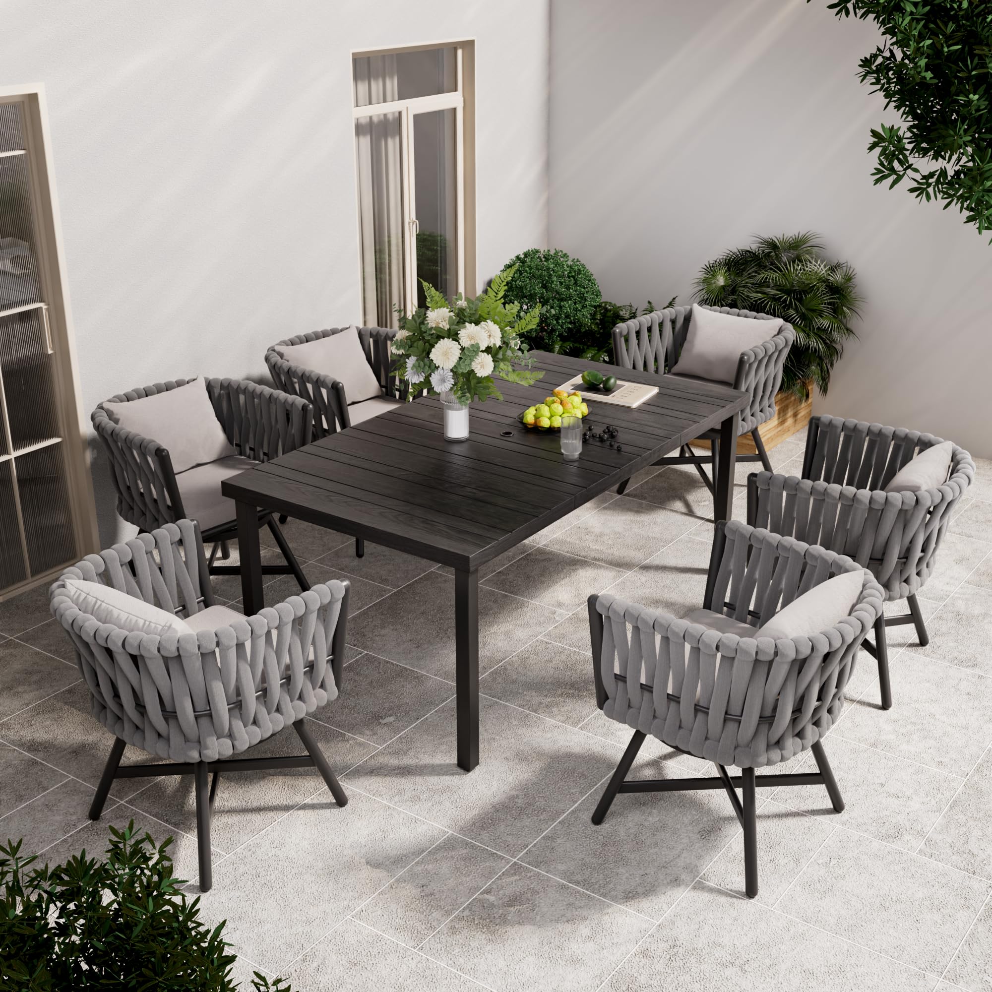 7-Piece Outdoor Dining Set for 6 with Swivel Rope Wicker Chairs & Rectangular Table - Patio Furniture Set with Umbrella Hole, Grey - Perfect for Backyard BBQs, Poolside Dining, and Garden Gatherings