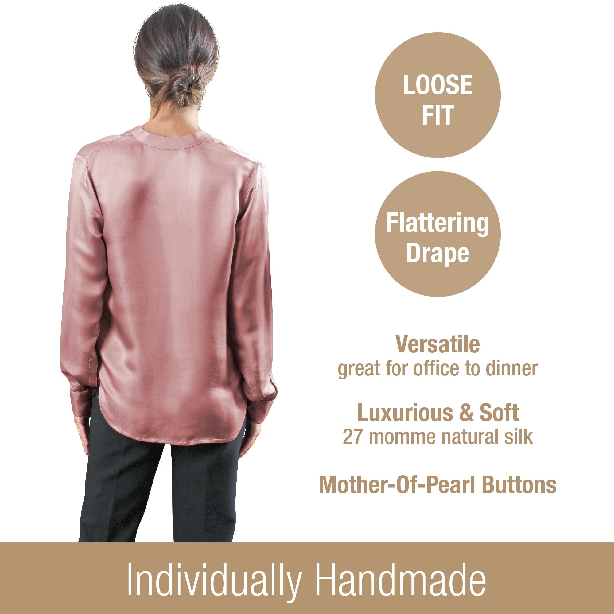 Luxury Artisan Silk Blouse Tunic for Women - Long Sleeve Pure Silk Shirt - Elegant Office Wear & Evening Party Outfit