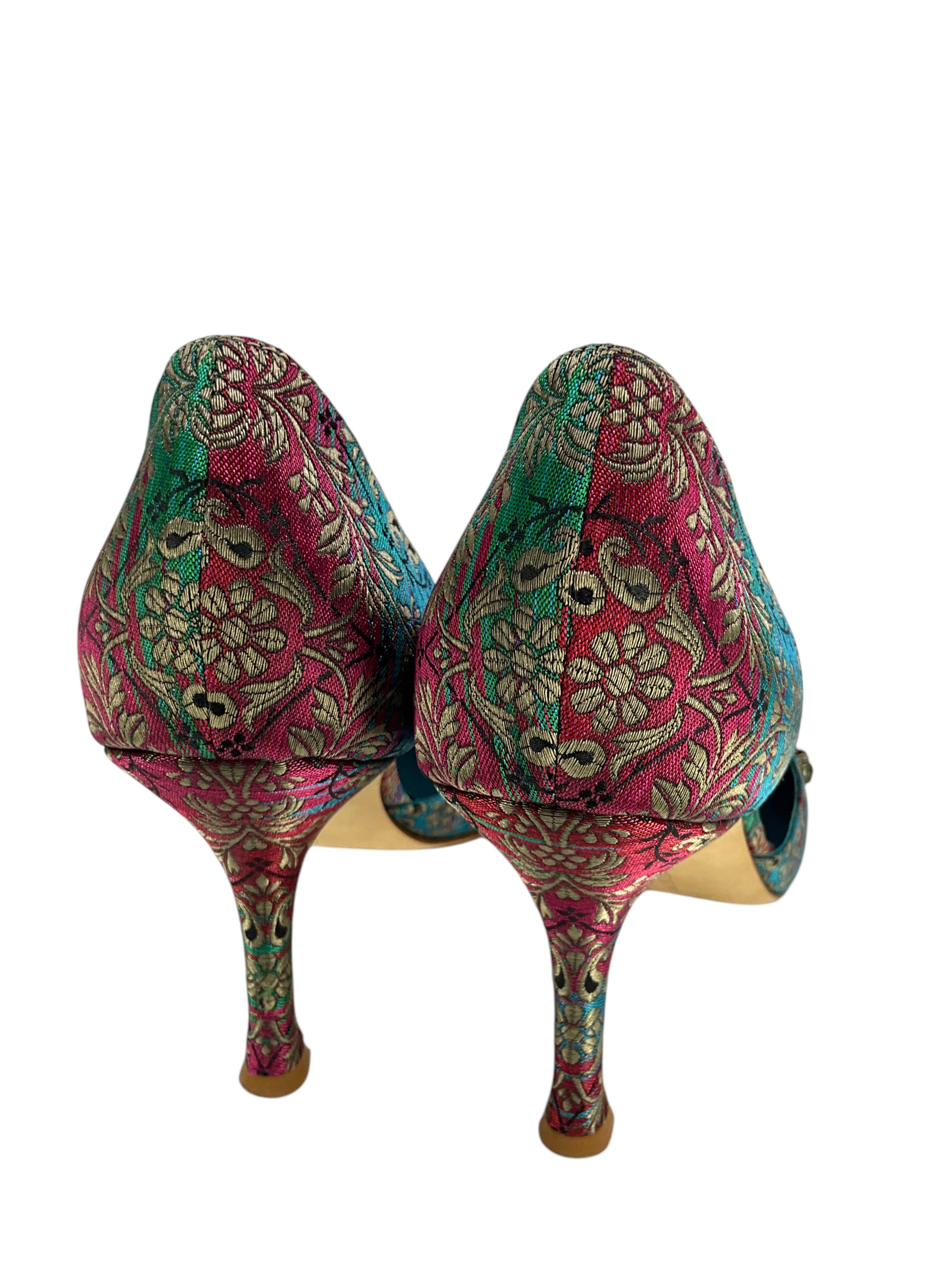 Manolo Blahnik Paisley Jacquard D'Orsay Pumps - Women's Size 7 US (EU 37) | Elegant Floral Heels for Weddings, Parties & Formal Events