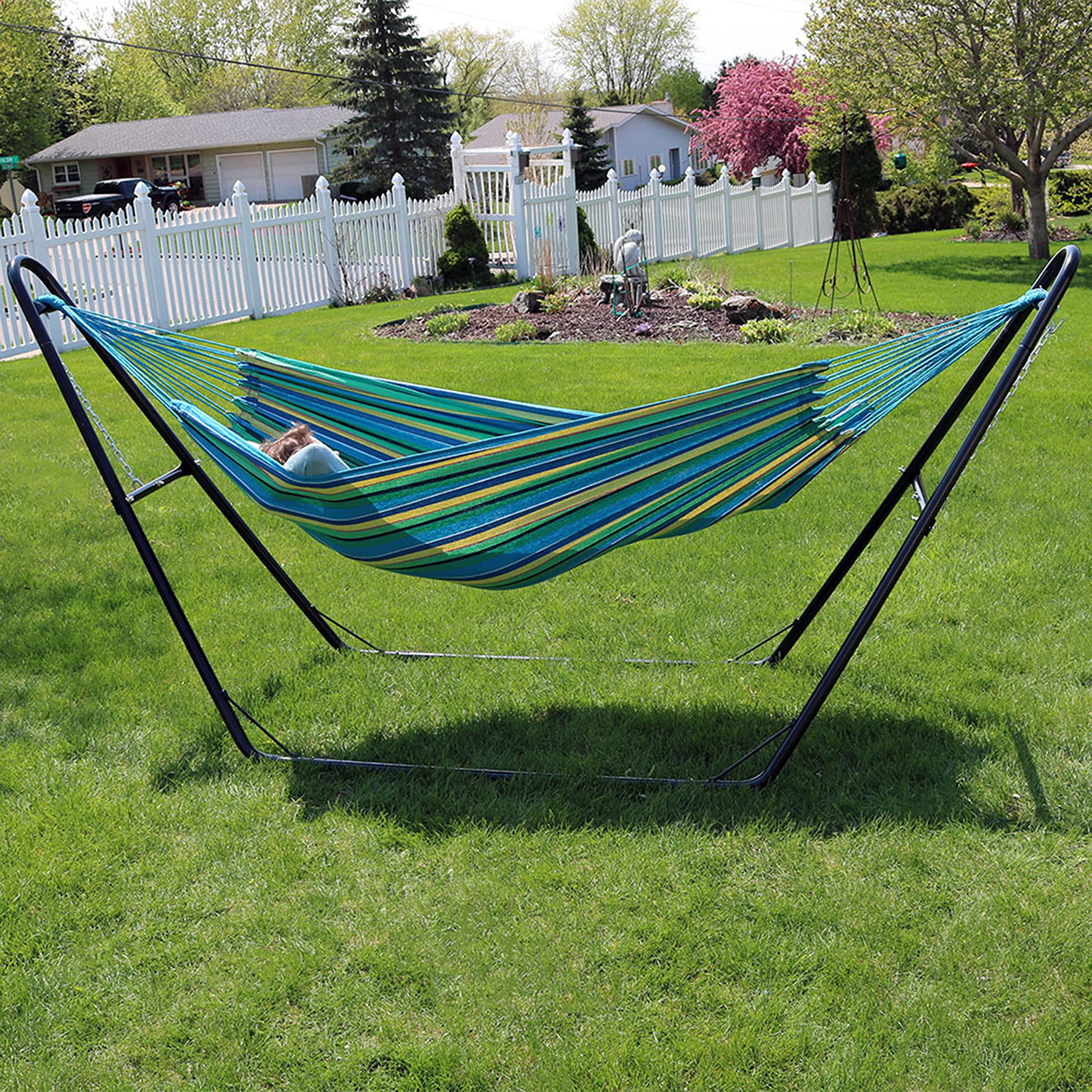 Premium Double Brazilian Cotton Hammock with Universal Stand - 450 lb Weight Capacity - Black Steel Frame & Natural Sea Grass Weave - Perfect for Backyard, Patio, Beach & Camping Relaxation