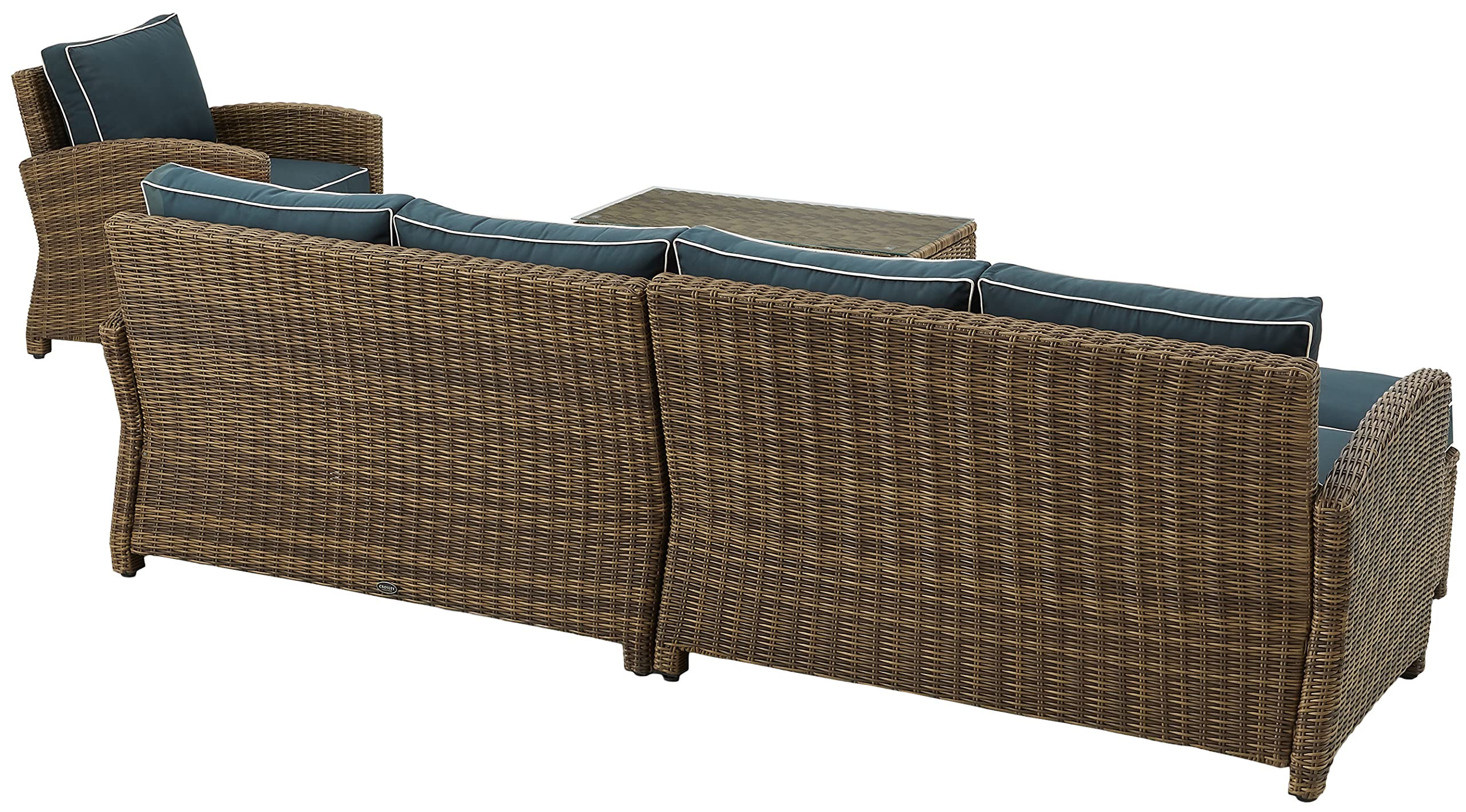 Crosley Bradenton 5-Piece Outdoor Sectional Sofa Set - Wicker Patio Furniture with Weather-Resistant Weathered Brown Frame & Navy Blue Cushions - Perfect for Deck, Garden, Poolside & Backyard Relaxation