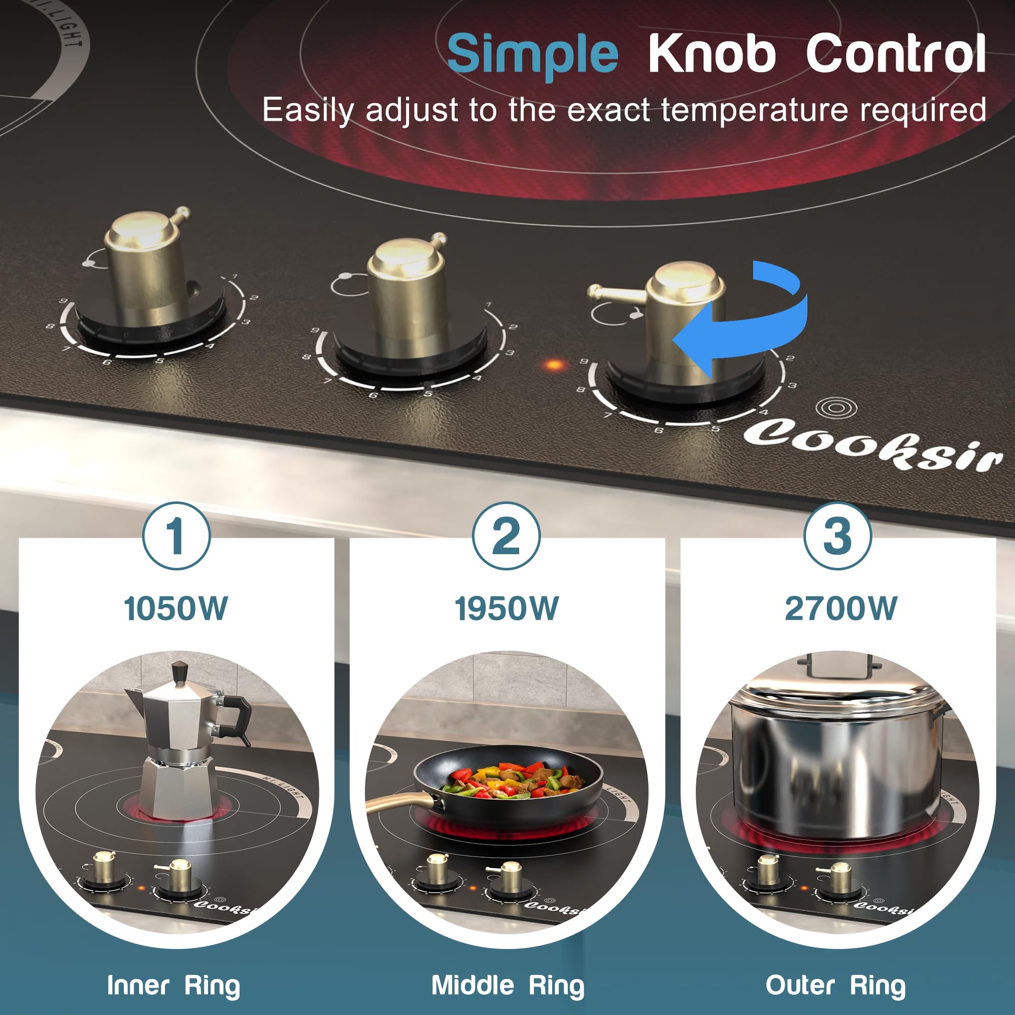 24 Inch Electric Cooktop - 3 Burner Built-in Stove Top 5700W with 9 Heating Levels | Knob Control & Over-Temperature Protection | 220-240V Hard Wired (No Plug) | Perfect for Home Kitchen, RV & Small Spaces