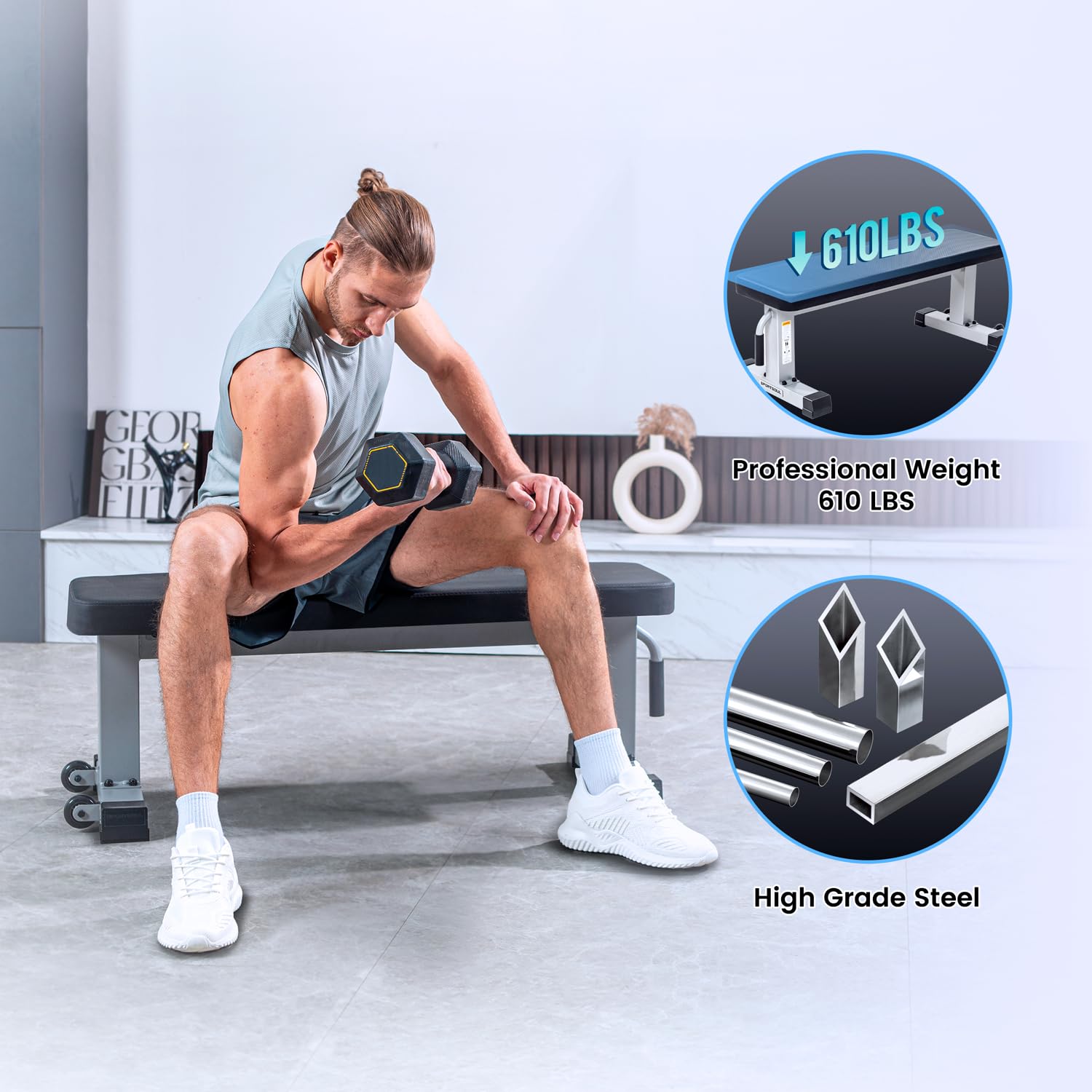 Heavy Duty Flat Weight Bench for Home Gym - 1000LBS Capacity, Upgraded Breathable Leathaire Material - Perfect for Weight Training, Strength Exercises & Bodybuilding Workouts (Grey) | Ideal for Home Fitness, Garage Gym & Personal Training Sessions