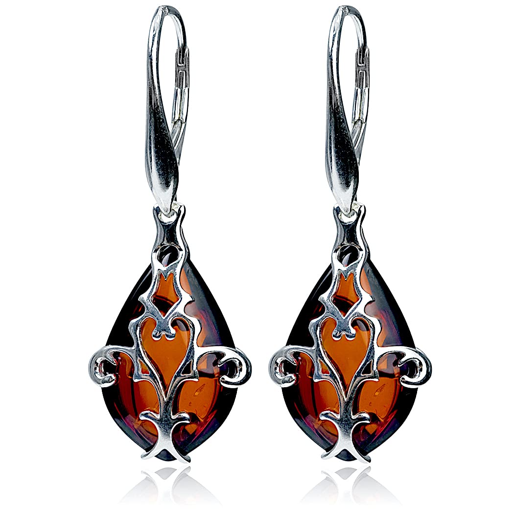 Ian & Valeri Co. Sterling Silver Cherry Amber Drop Leverback Earrings for Women - Elegant Dangle Earrings for Parties, Weddings & Everyday Wear