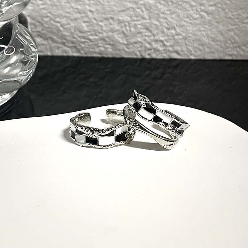Black & White Checkerboard Layered Silver Ring for Women | JZ2517 | Elegant Stackable Jewelry for Everyday Wear & Special Occasions