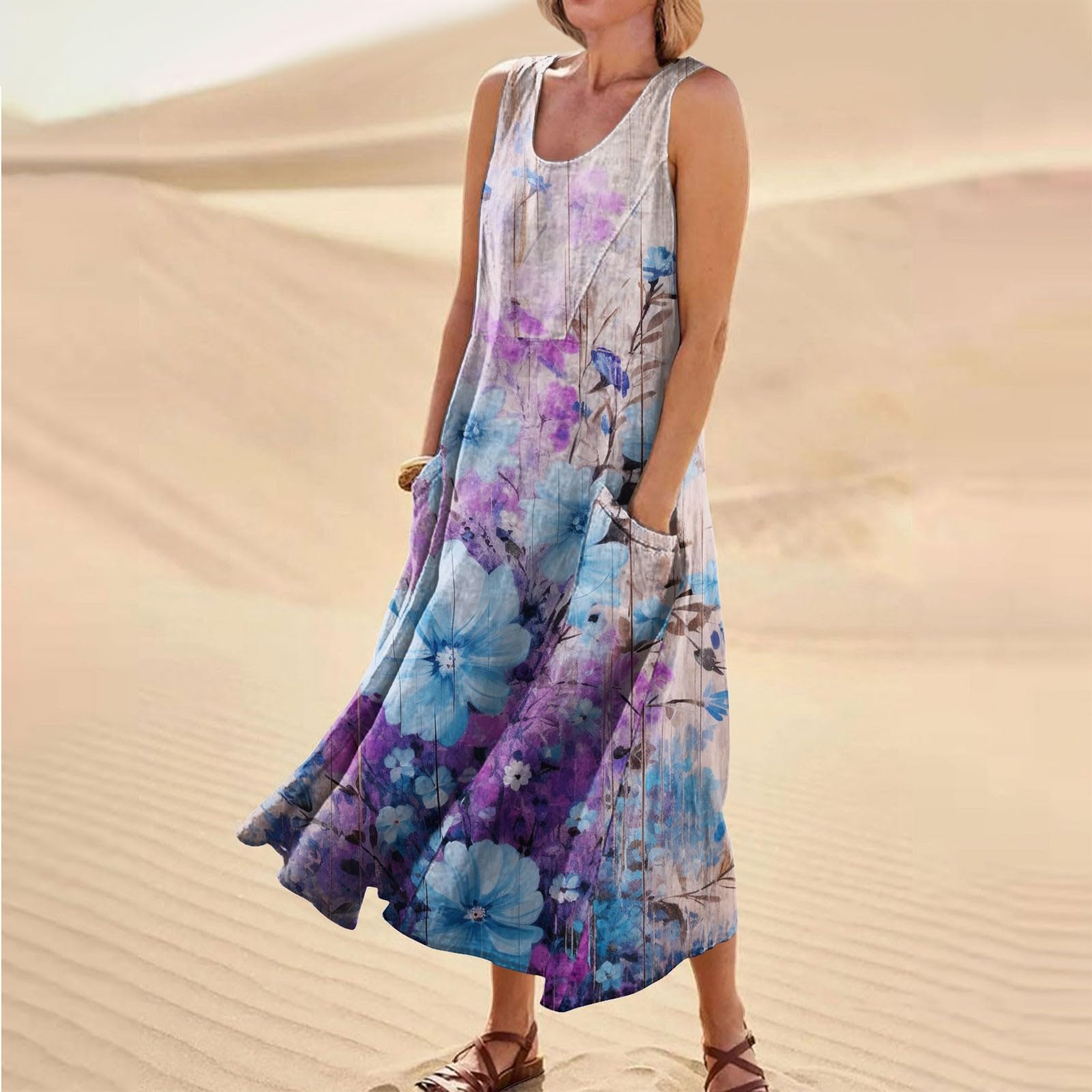 Floral Maxi Dress for Women - Sleeveless Summer Casual Sundress with Floral Print, Pleated Design & Pockets | Perfect for Beach, Vacation, and Outdoor Events