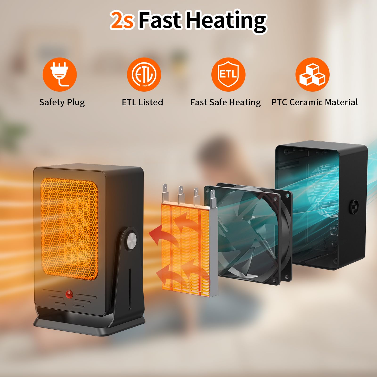 Portable 900W PTC Fast Heating Space Heater - 30° Adjustable Angle, Lightweight Electric Heater for Indoor Use in Office, Bedroom, Home & Personal Workspace | Perfect for Winter Warmth & Small Space Heating