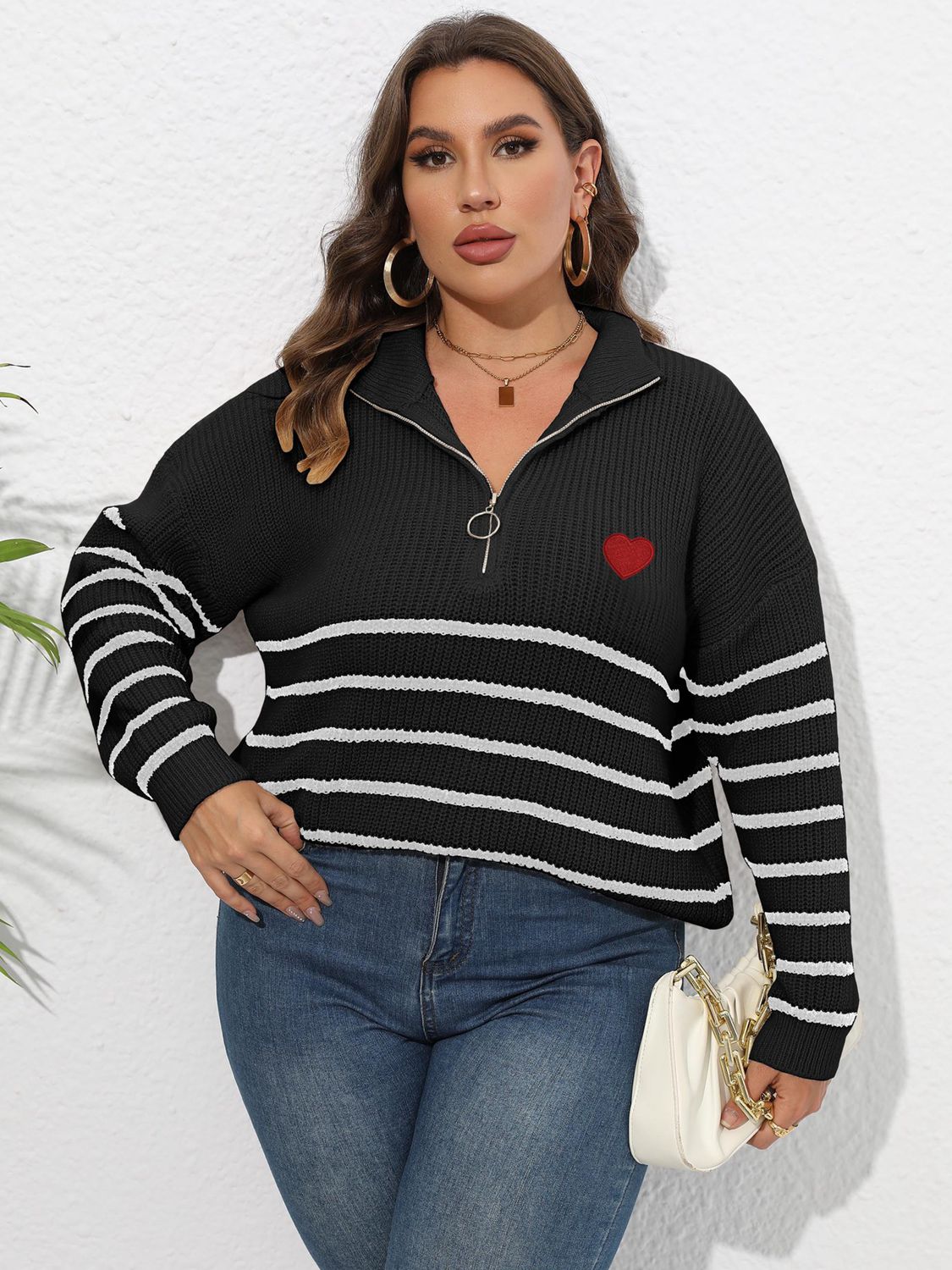 Plus Size Striped Zip Up Sweater for Women - Cozy & Stylish Pullover for Casual Outings, Work & Fall Fashion