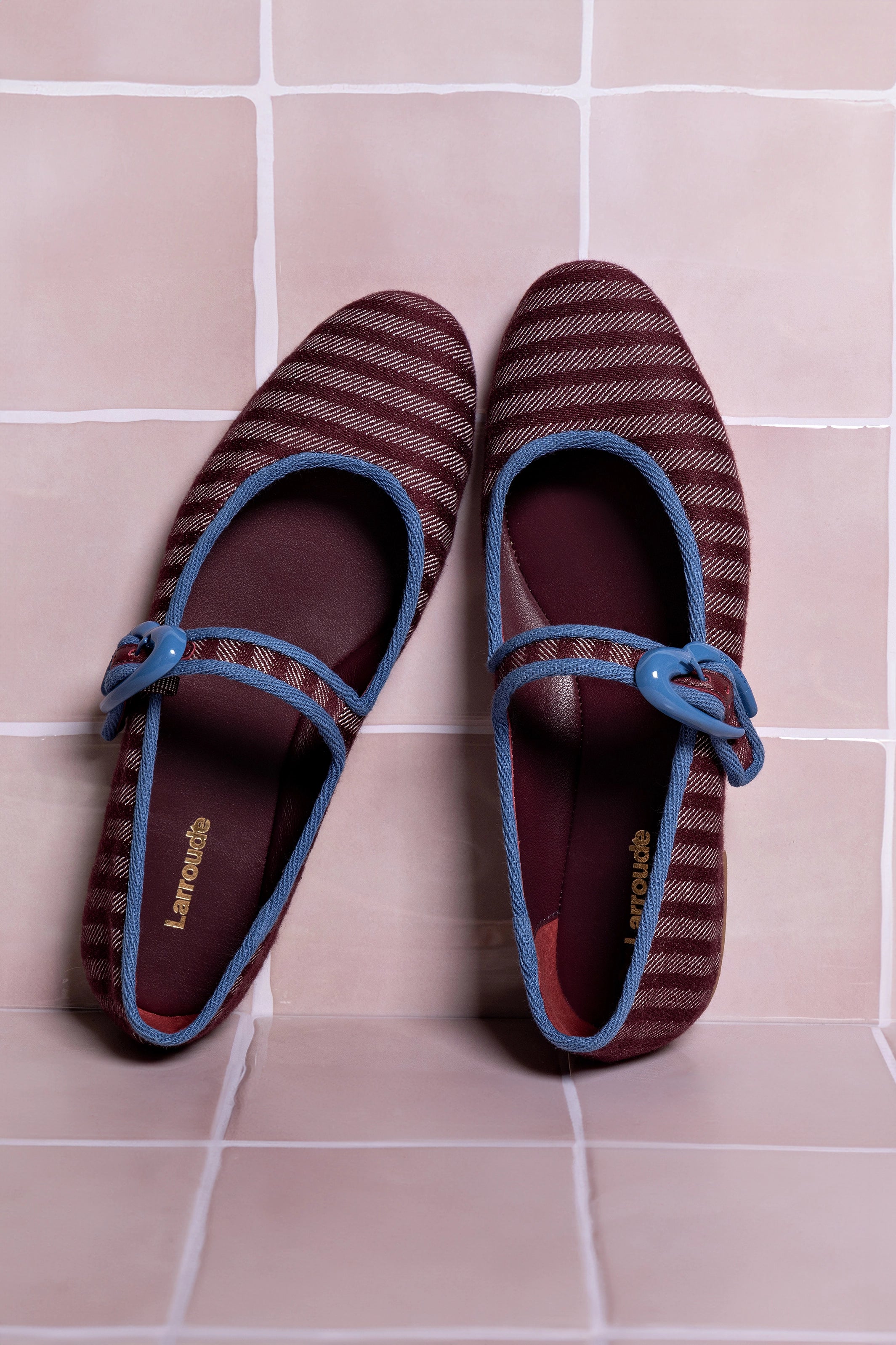 Verona Women's Ballet Flats - Wine Striped Fabric with Blue Stone Embellishments | Comfortable & Stylish Shoes for Work, Parties & Casual Outings
