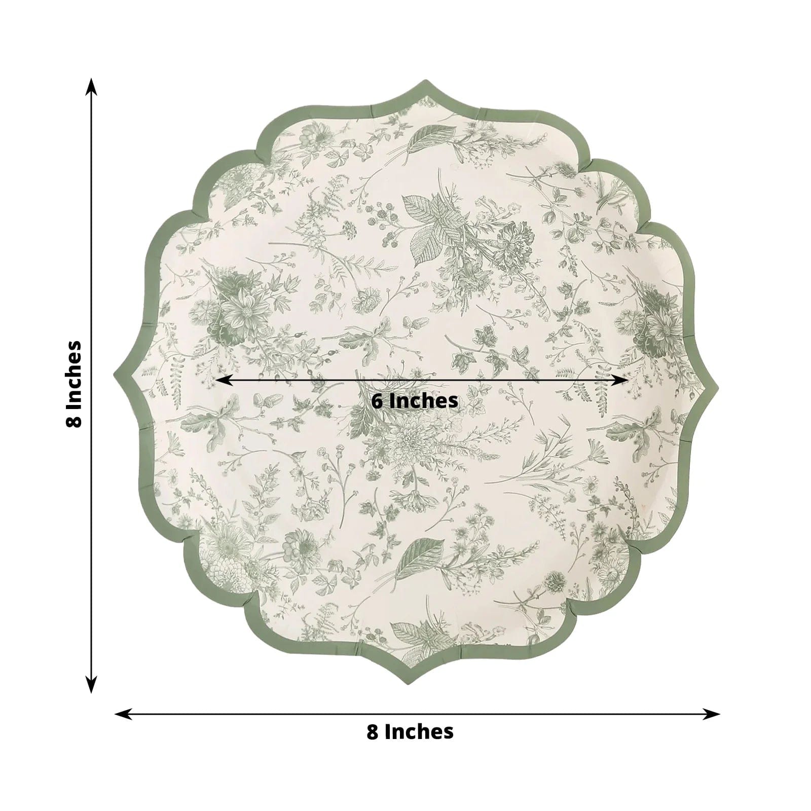 25-Pack White and Sage Green Floral Leaf Print Paper Plates with Scalloped Rim - Elegant Disposable Tableware for Weddings, Baby Showers & Garden Parties