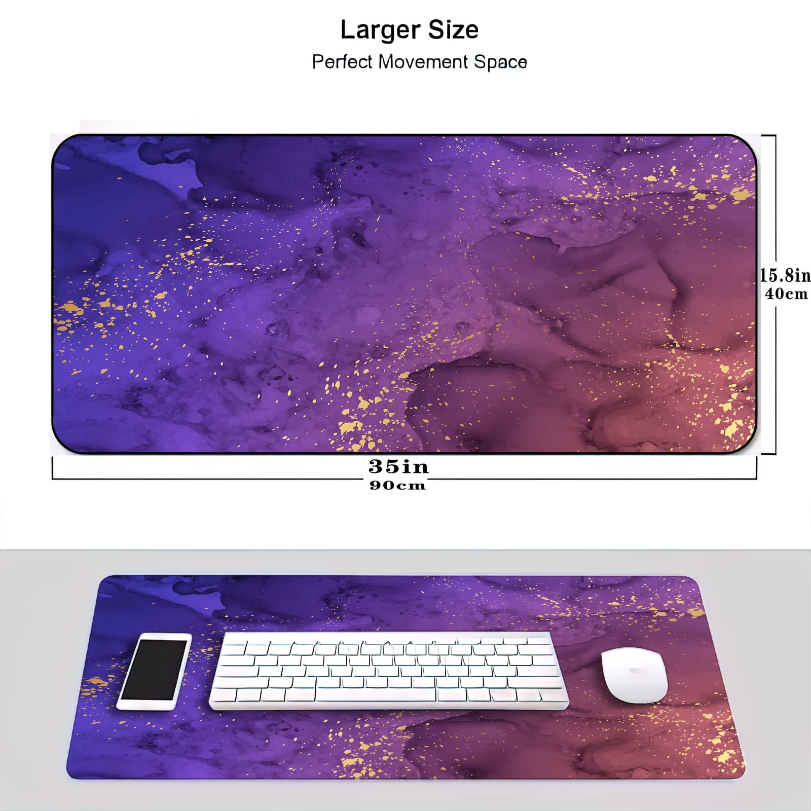 XXL Purple Watercolor Waves Gaming Mouse Pad - 35''×15.7''×0.12'' Non-Slip Desk Mat with Stitched Edges for Office, Computer & Keyboard | Perfect for Gamers, Graphic Designers & Home Office Workspace