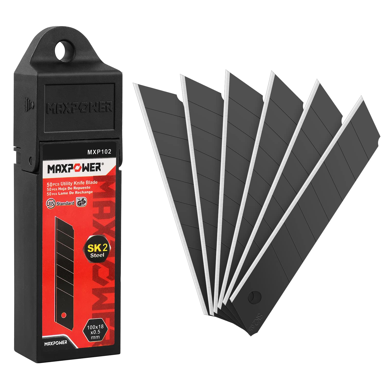MAXPOWER 50 Pack Ultra-Sharp 18mm Snap-Off Utility Knife Blades - Heavy Duty Box Cutter Replacement Blades for DIY, Crafting, Packaging & Warehouse Use (Black)